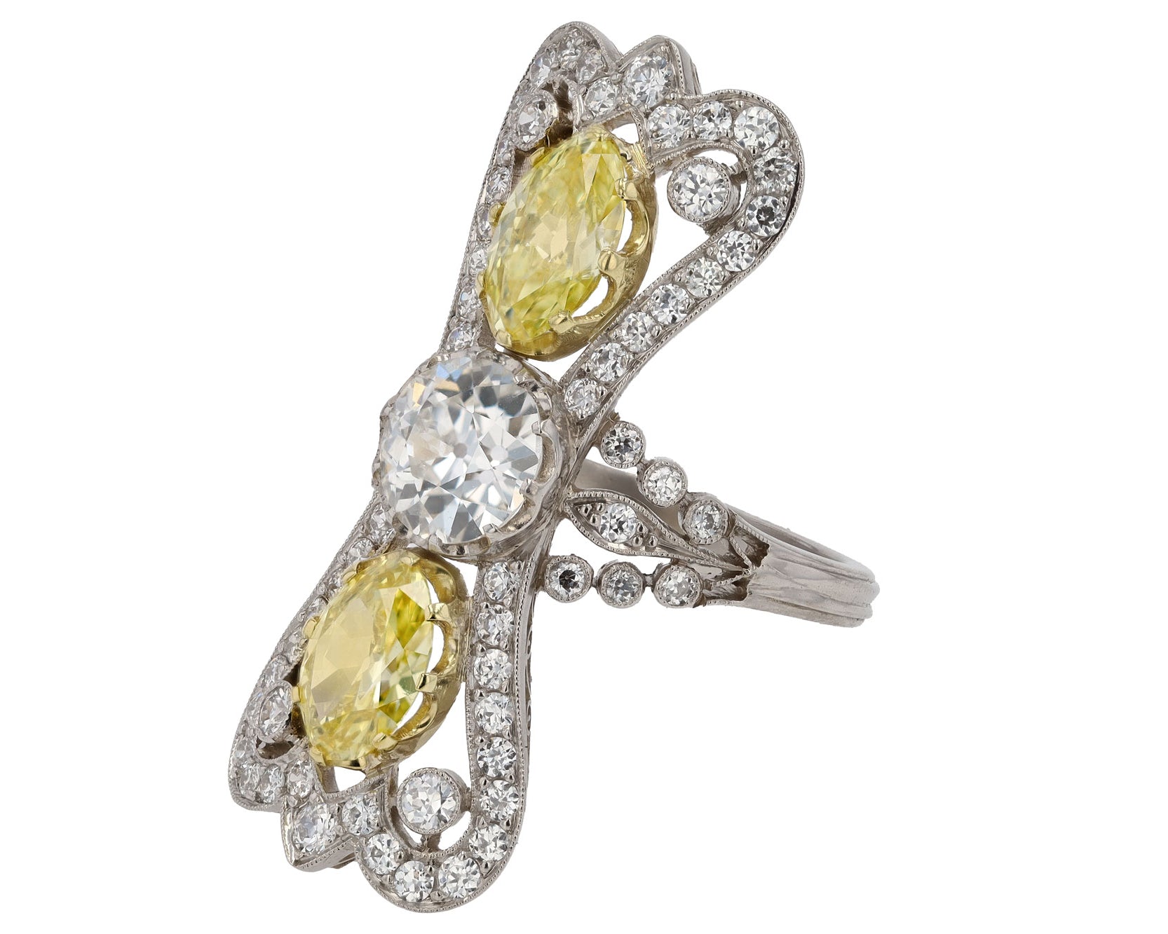 GIA Certified 3.41 Carat Three Stone Yellow Antique Diamond Cocktail Ring