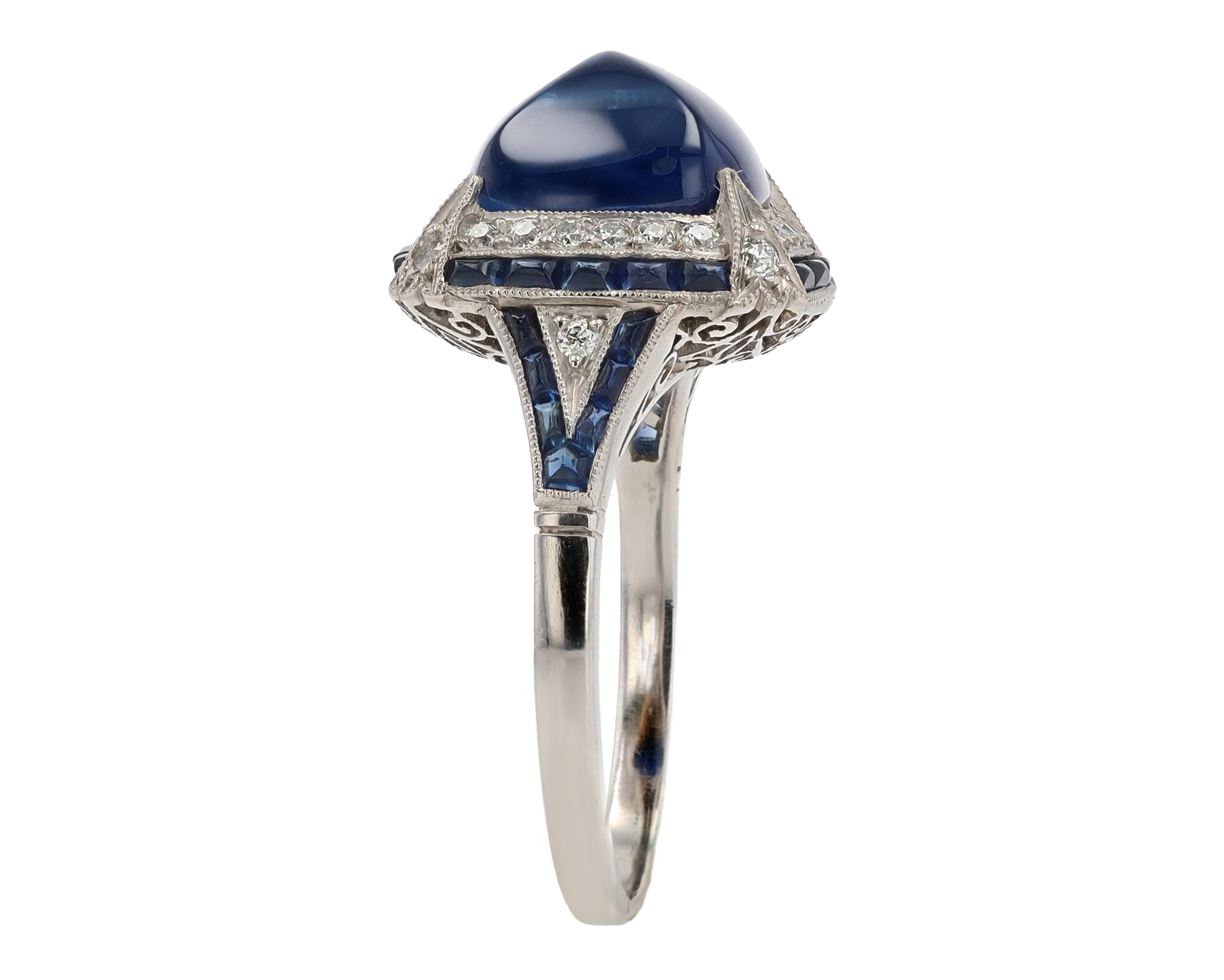 Art Deco Inspired 7 Carat Sugar Loaf Sapphire Diamond Ring