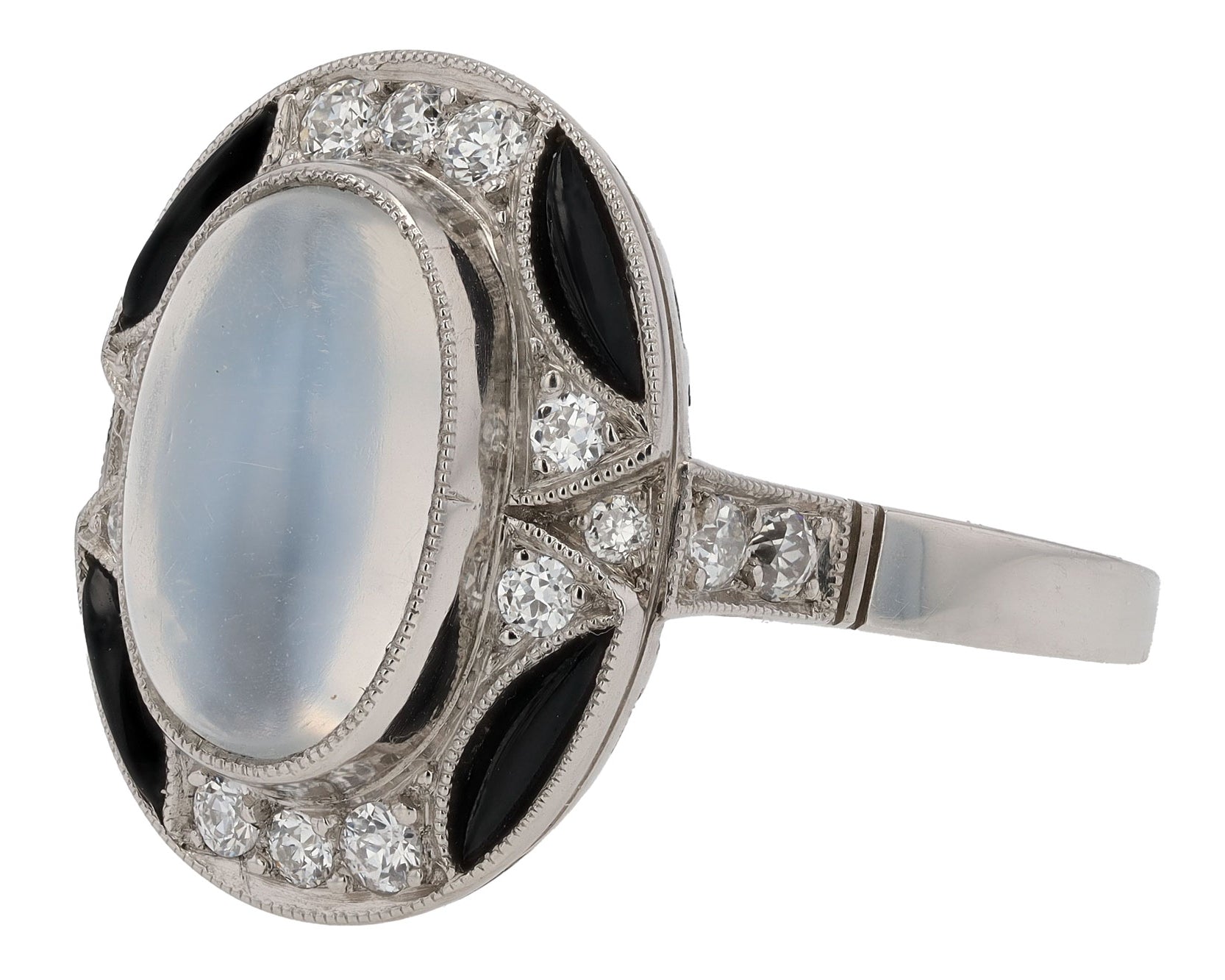 Estate Art Deco Style Moonstone Onyx Diamond Cocktail Ring