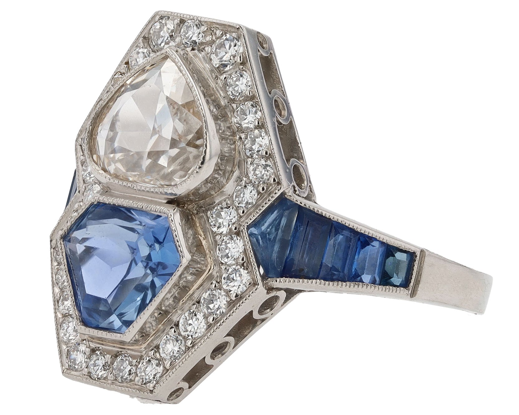 Art Deco Style Diamond & Sapphire Shield Cut Engagement Ring