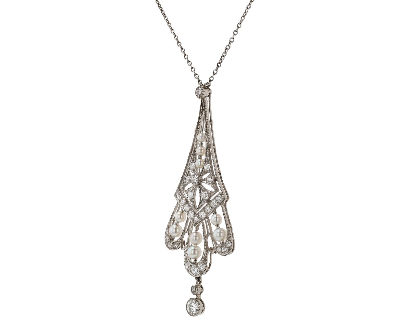 Antique Edwardian Diamond & Pearl Lavalière Platinum Necklace