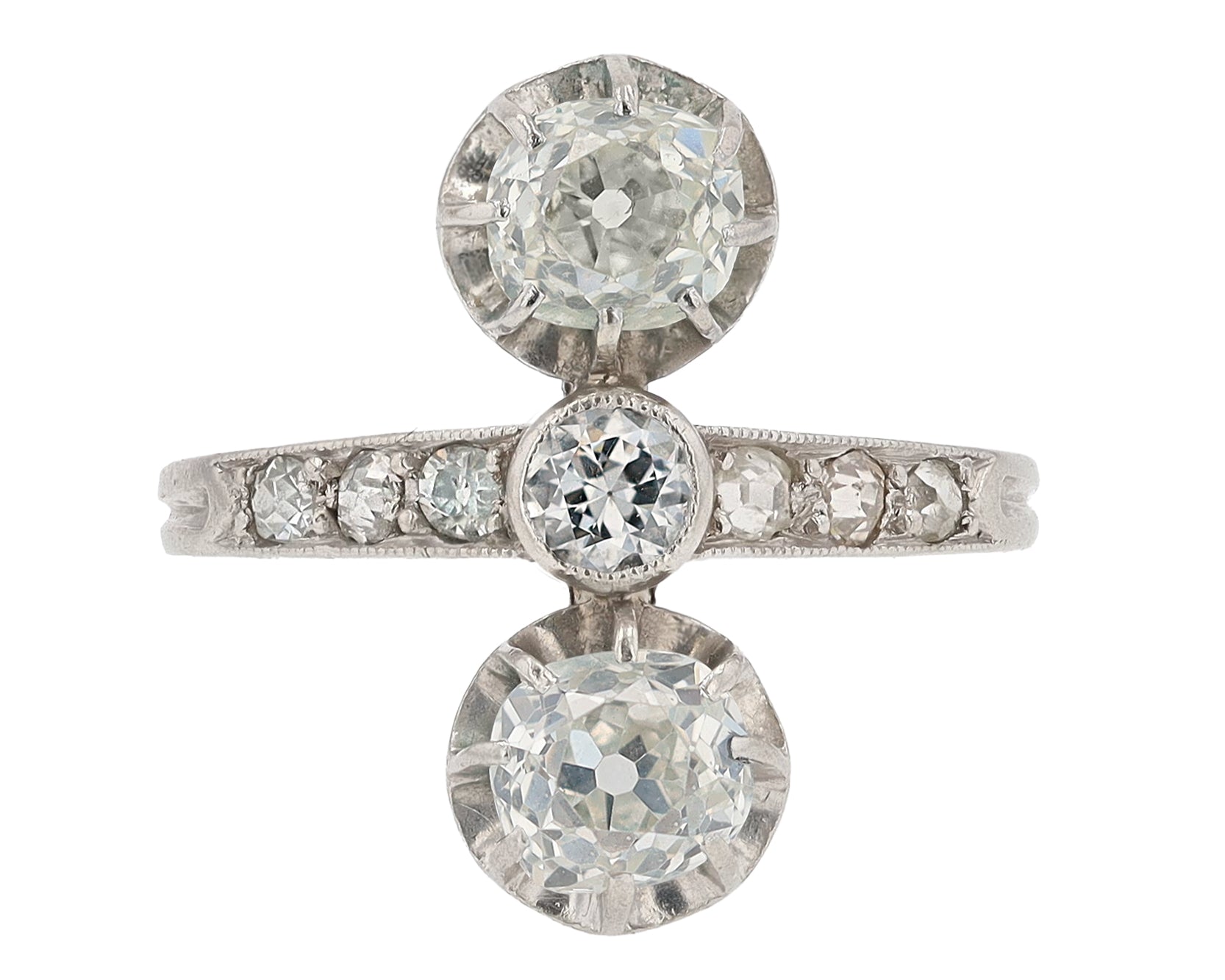 Elongated Edwardian Twin Diamond Three Stone Trilogy Engagement Ring