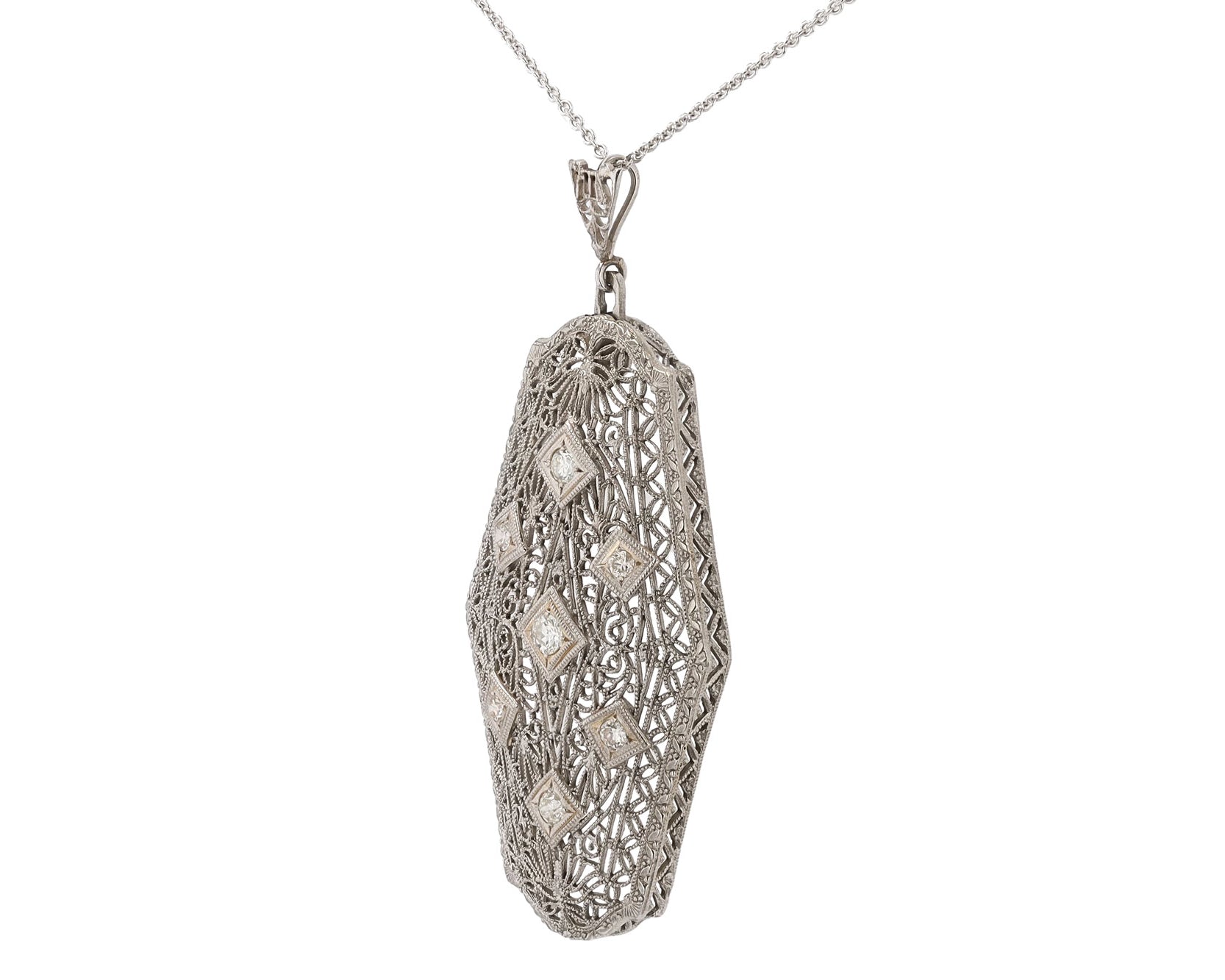 Antique Art Deco 1920s Filigree 7 Diamond Pendant Necklace