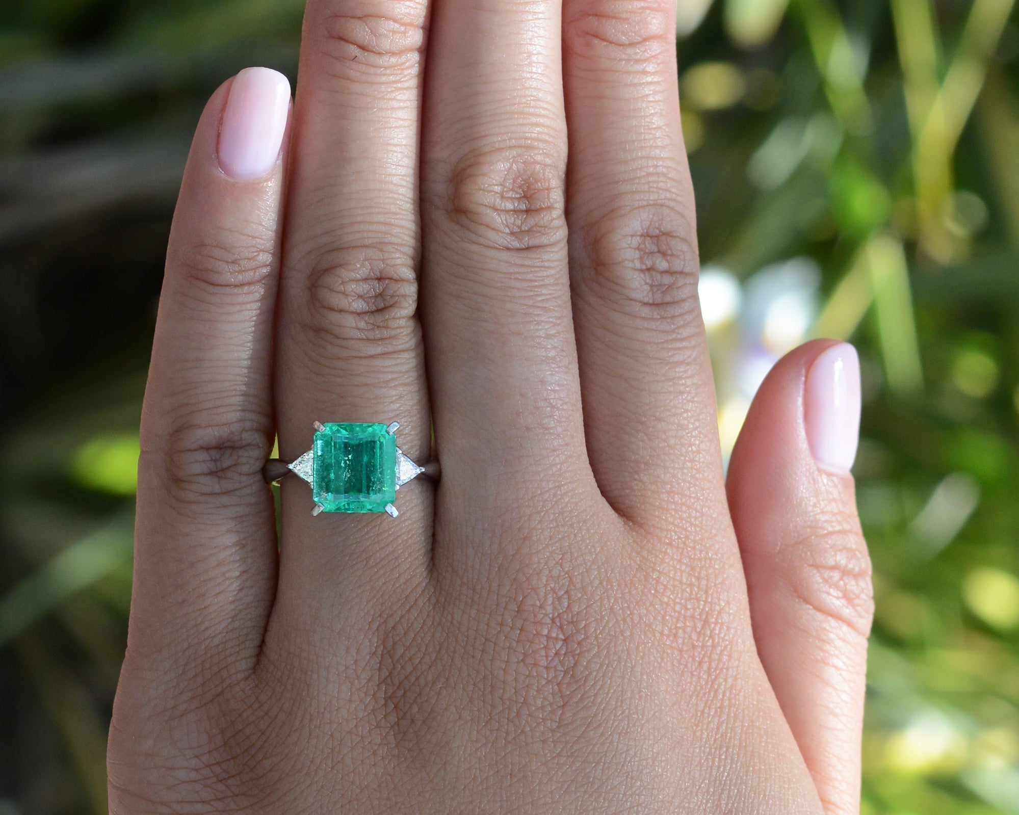 Classic Colombian Emerald and Diamond 3 Stone Ring