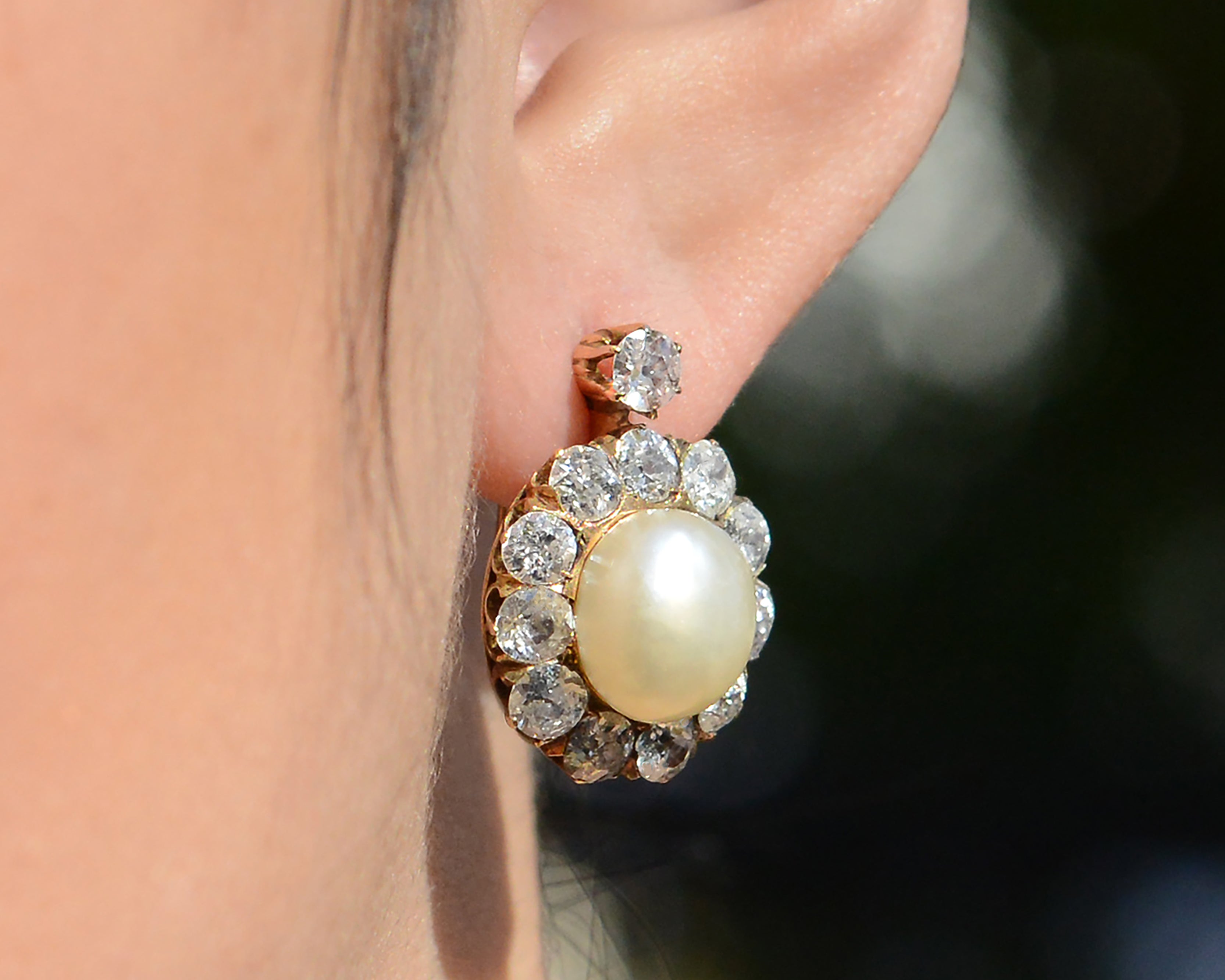 GIA Certified Natural Pearl Victorian Antique Diamond Earrings