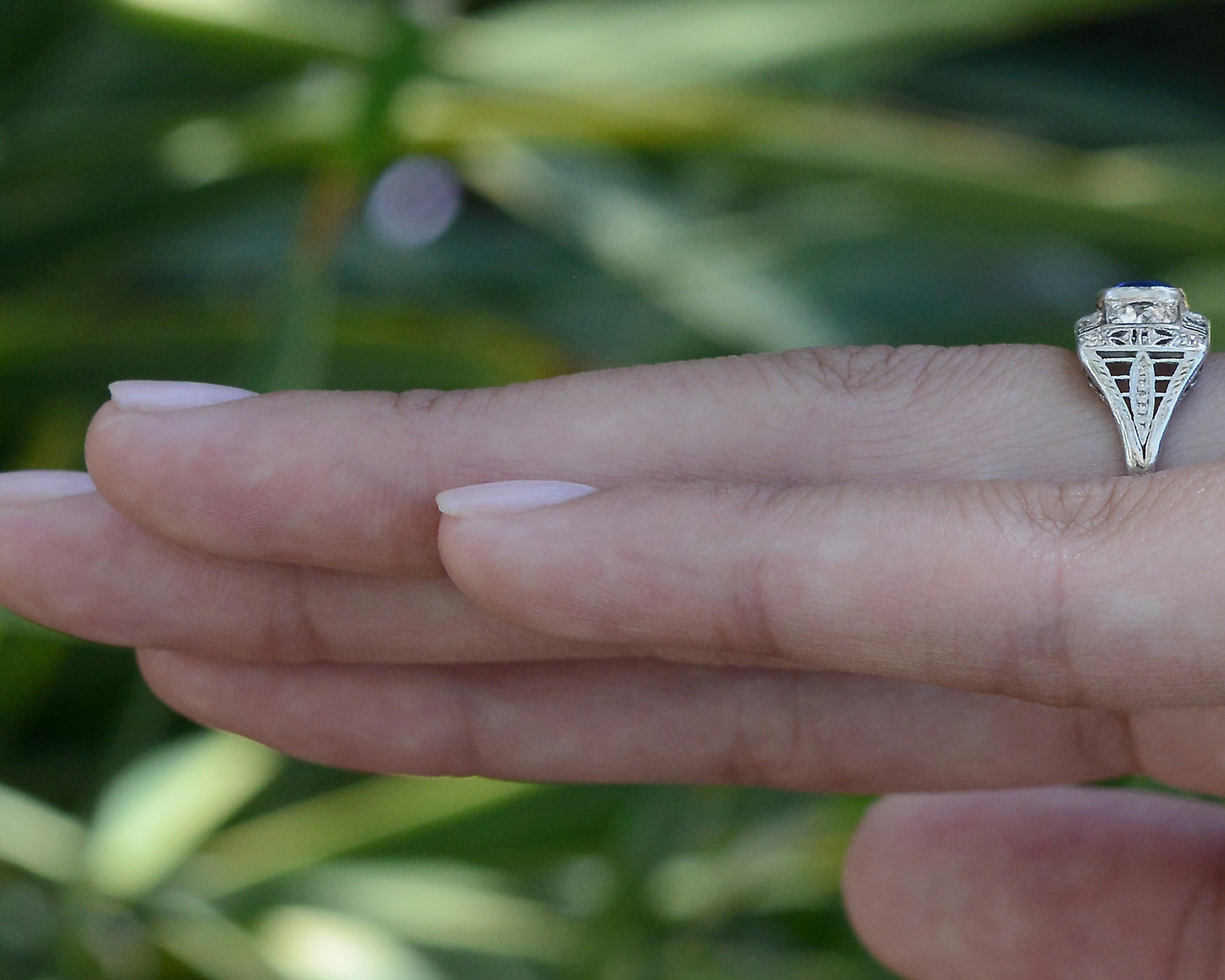 Antique Art Deco Sapphire Diamond 3-Stone Filigree Engagement Ring