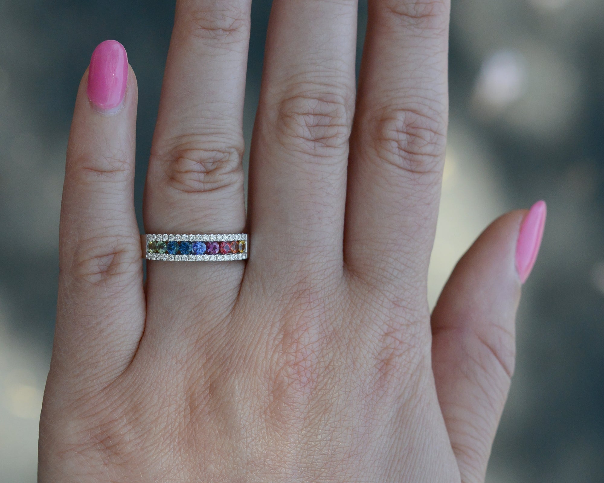 New Rainbow Sapphire & Diamond Wedding Band Engagement Ring