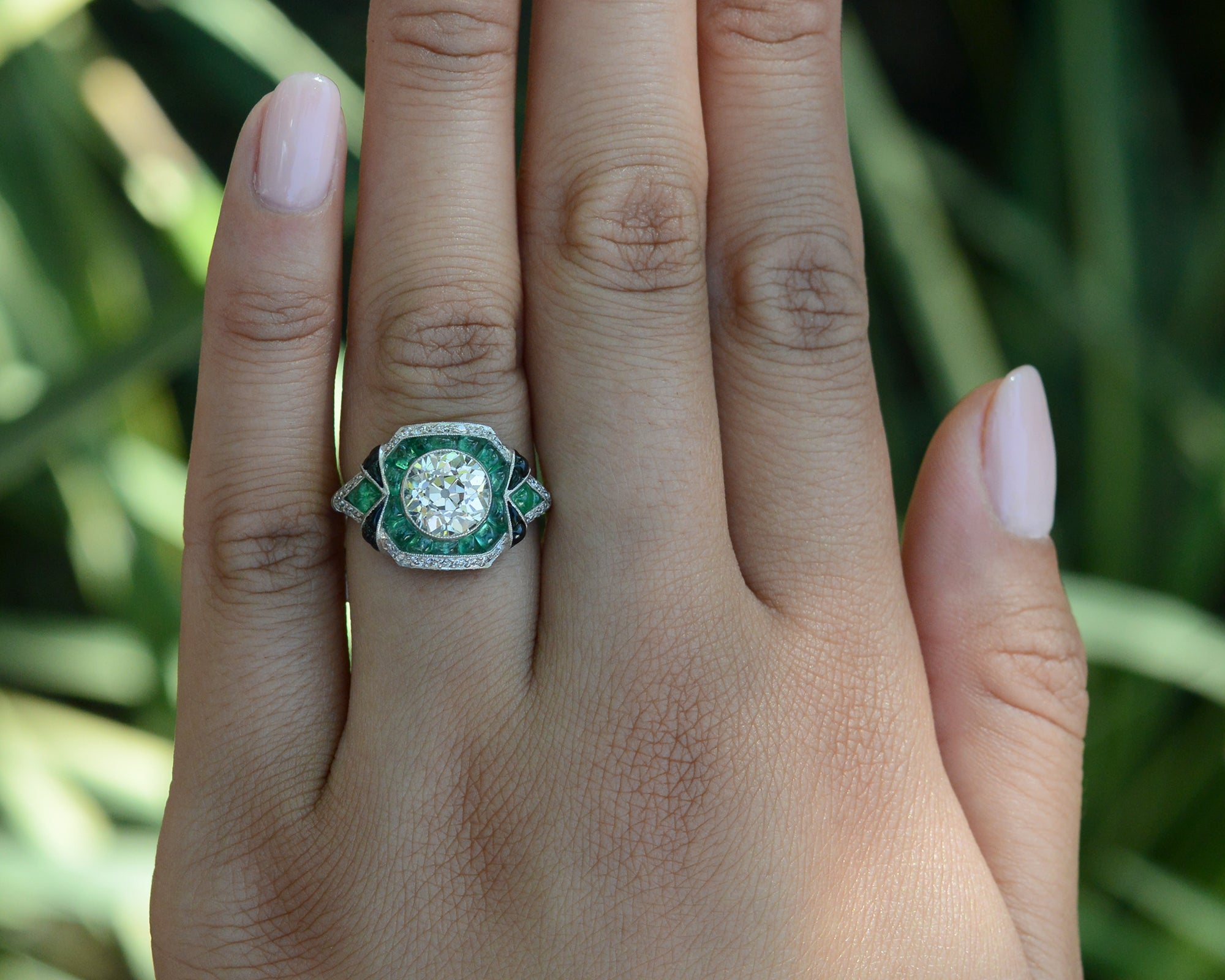 2 Carat Old European Cut Diamond Emerald Onyx Engagement Ring