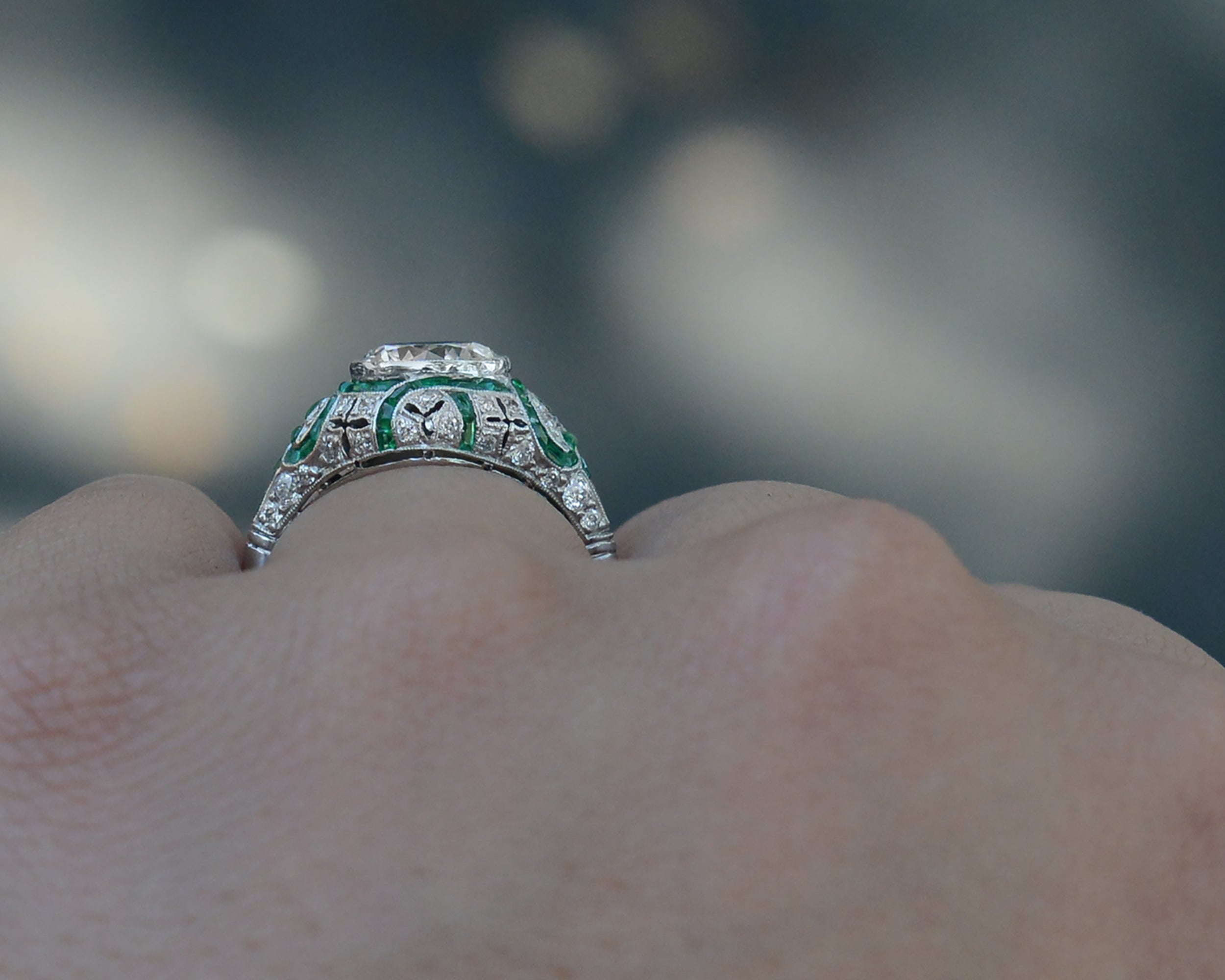 Art Deco Style 1.84 Carat G VS2 Diamond Emerald Engagement Ring