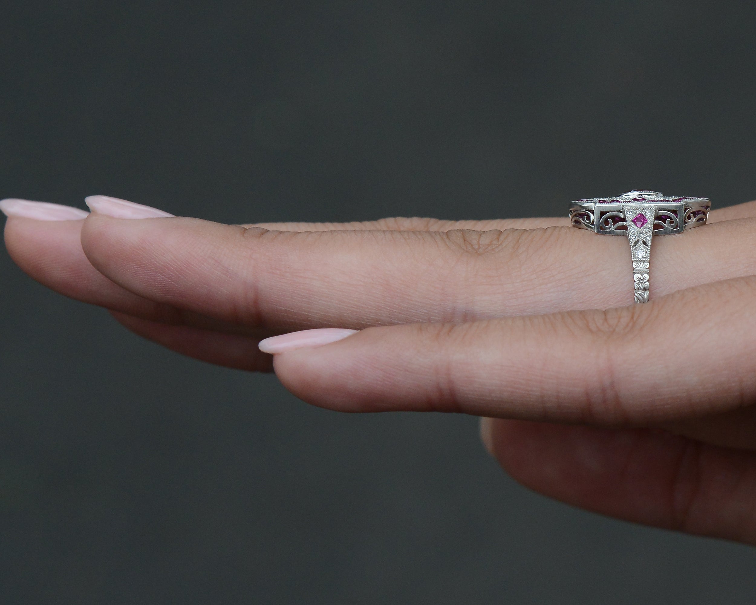 Vintage Filigree Ruby Diamond Shield Engagement Ring