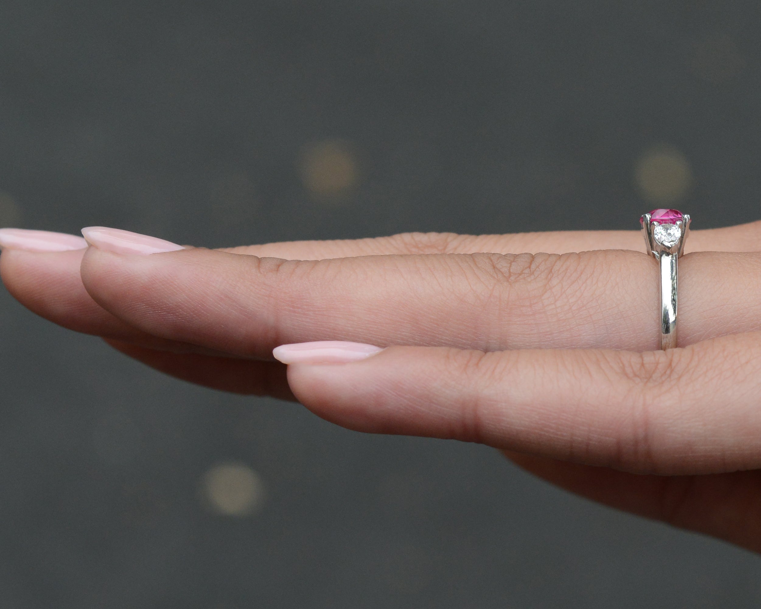 Vintage 3 Stone Ruby Diamond Gemstone Engagement Ring