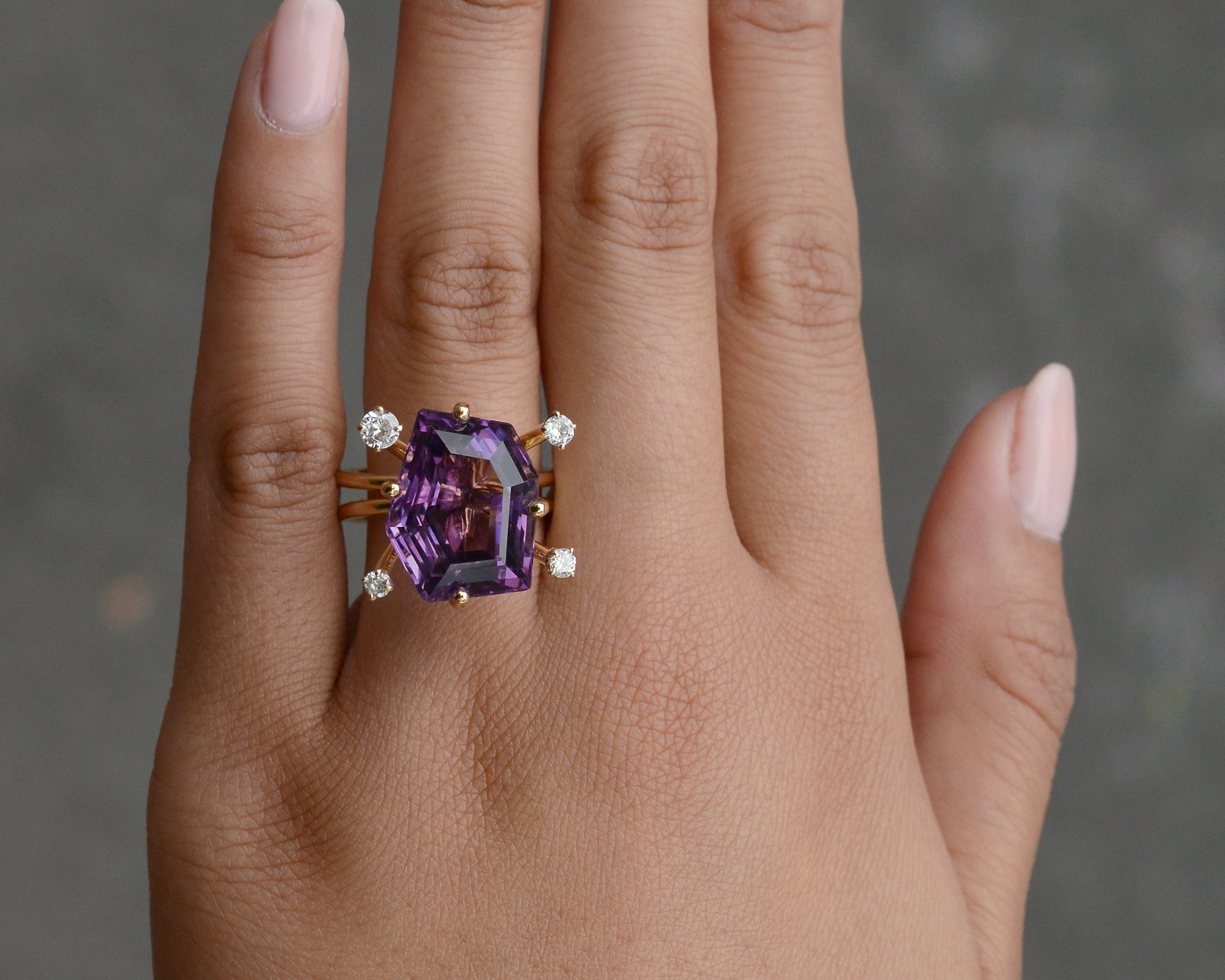 Vintage Modernist Amethyst and Diamond Cocktail Ring
