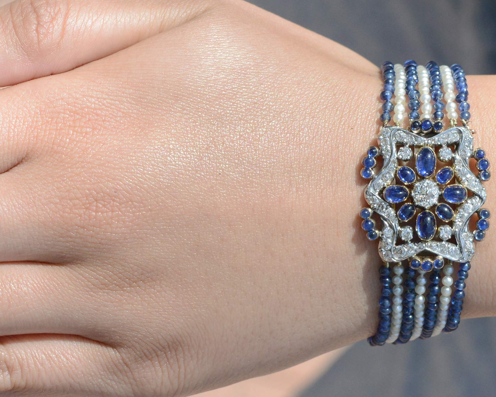 French Belle Époque Sapphire Pearl and Diamond Bracelet