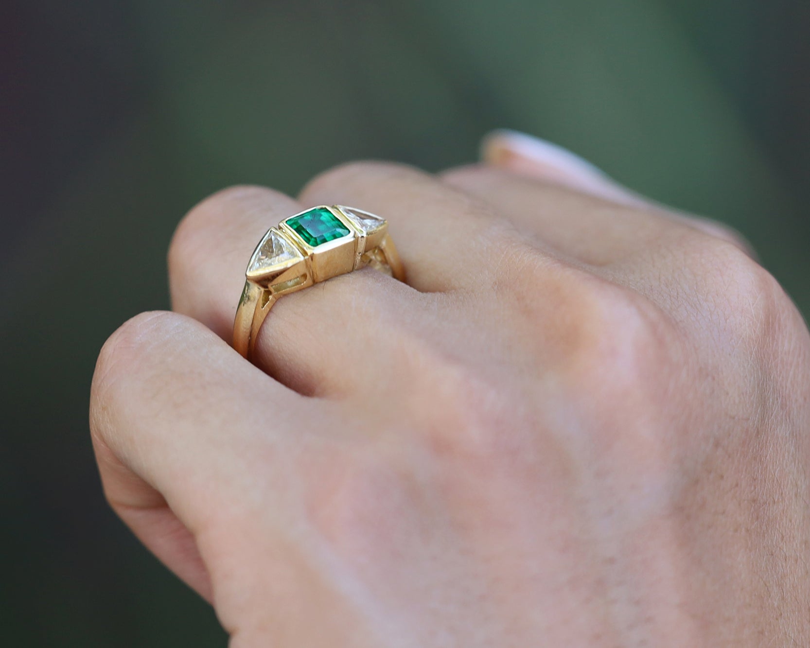 Estate 3 Stone Emerald & Diamond Yellow Gold Engagement Ring From Hollywood Icon Robert Mitchum