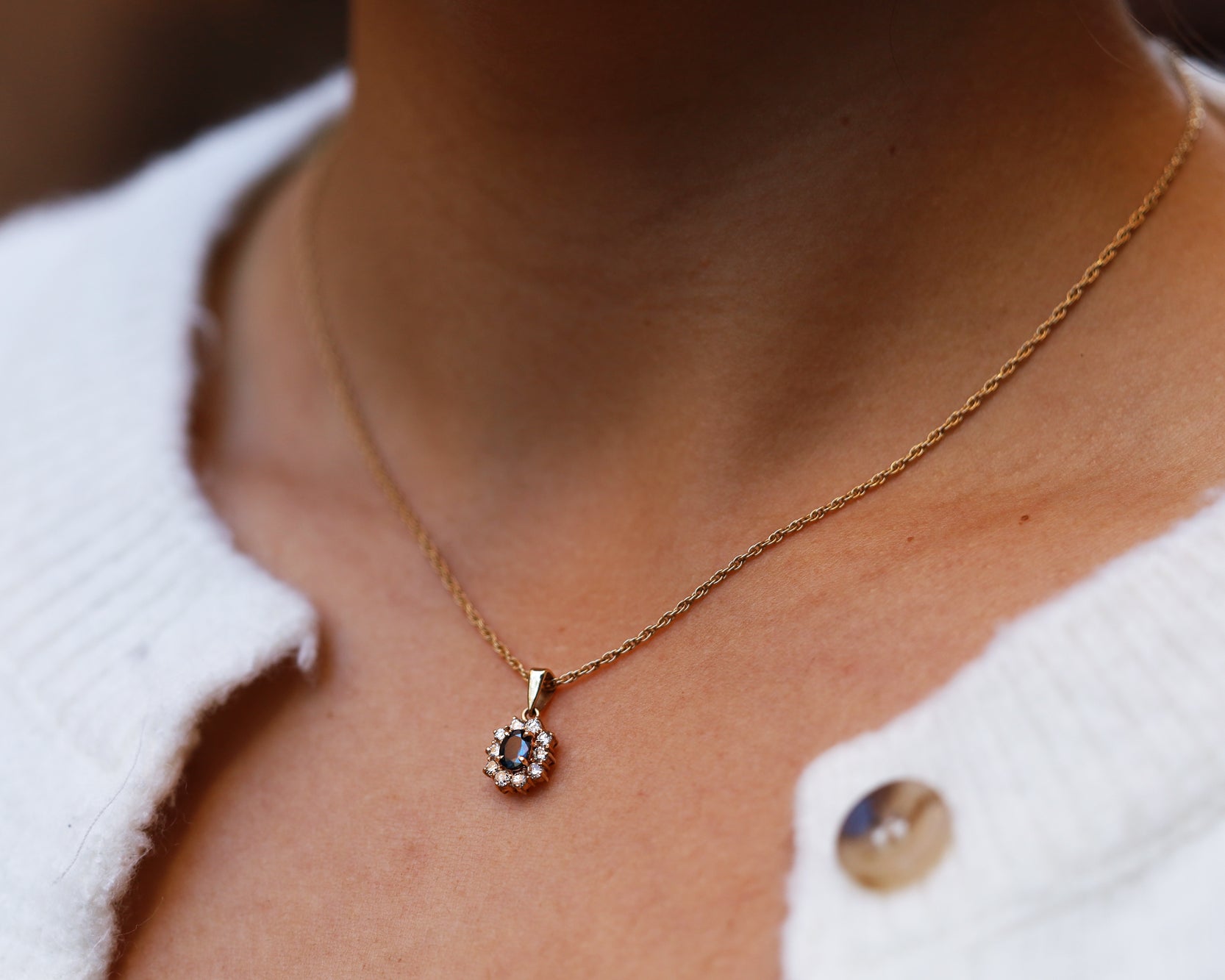Vintage 0.48 Carat Blue Sapphire and Diamond Halo Necklace