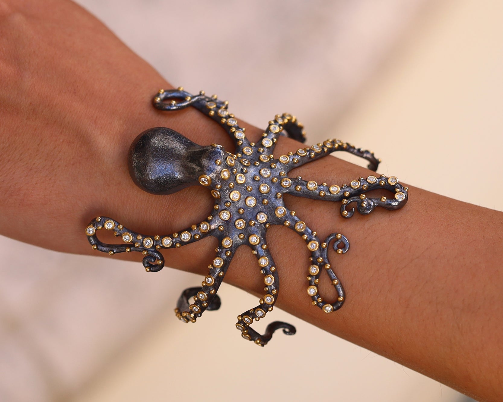 Diamond Encrusted Octopus Cuff Bracelet 24k Gold And Oxidized Silver