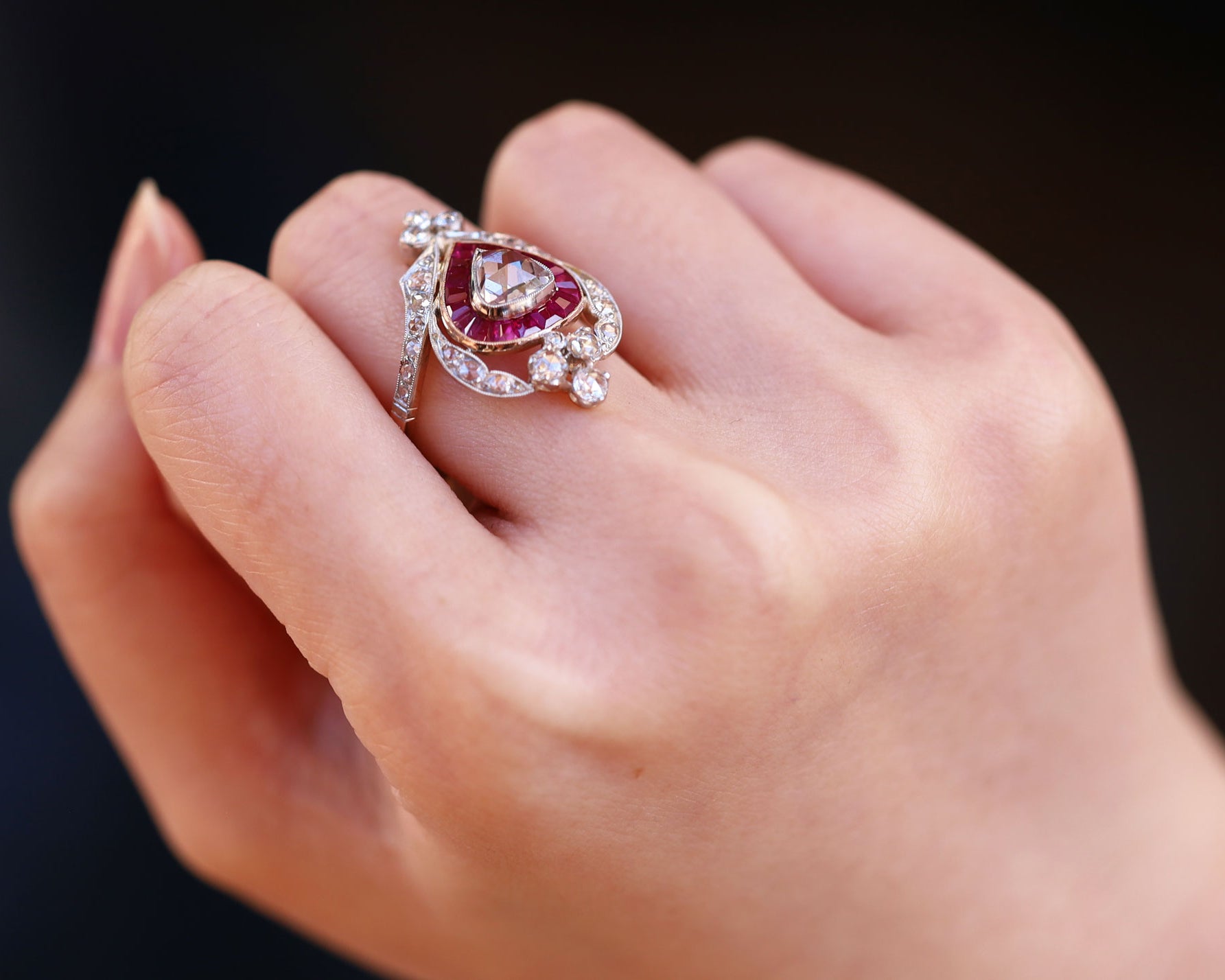 Georgian Inspired Crown Heart Rose Cut Diamond Ruby Engagement Ring