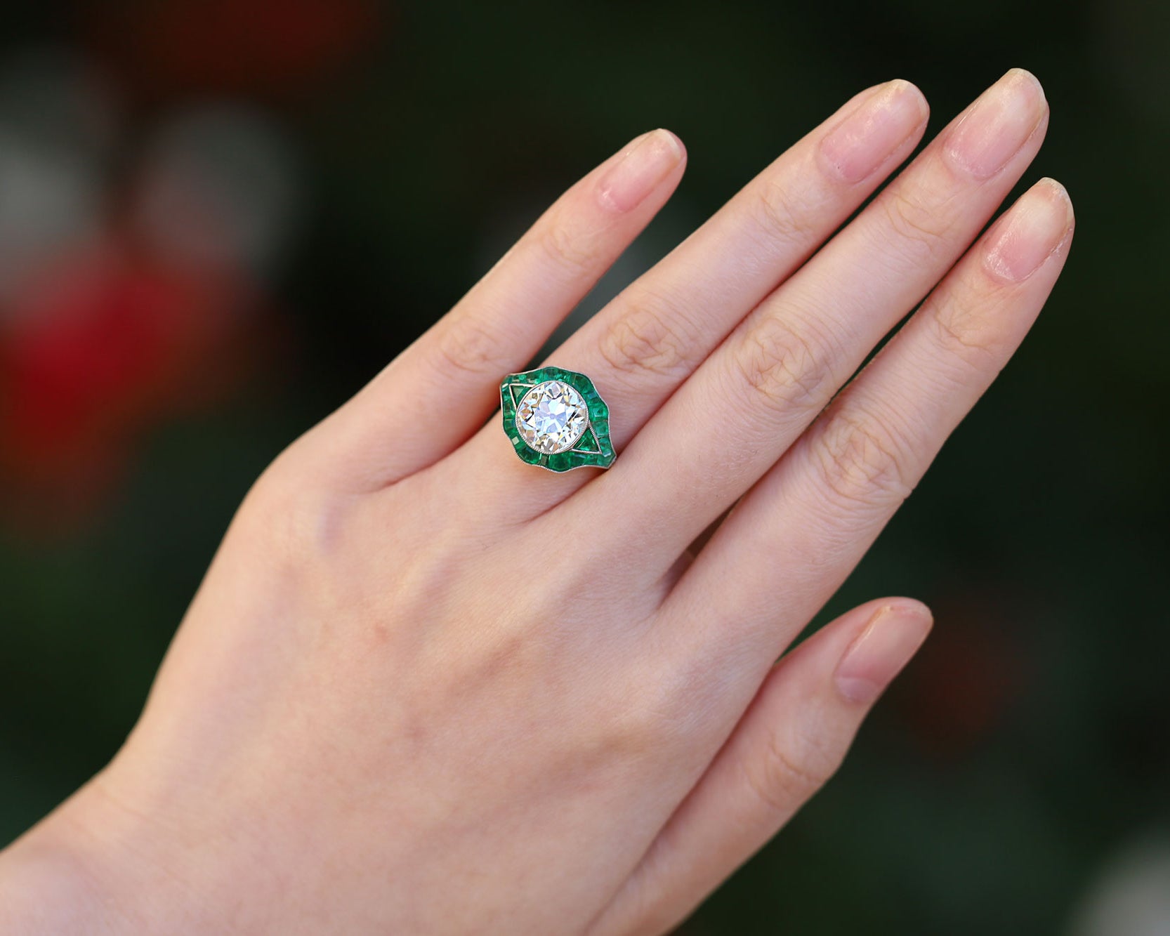 Antique 3.05 Carat Old Mine Cut Diamond & Emerald Platinum Engagement Ring