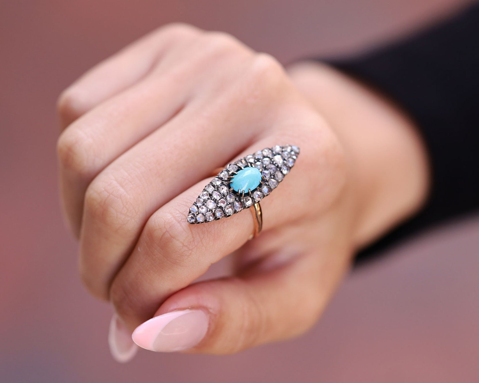 Victorian Vintage Turquoise and Diamond Navette Ring