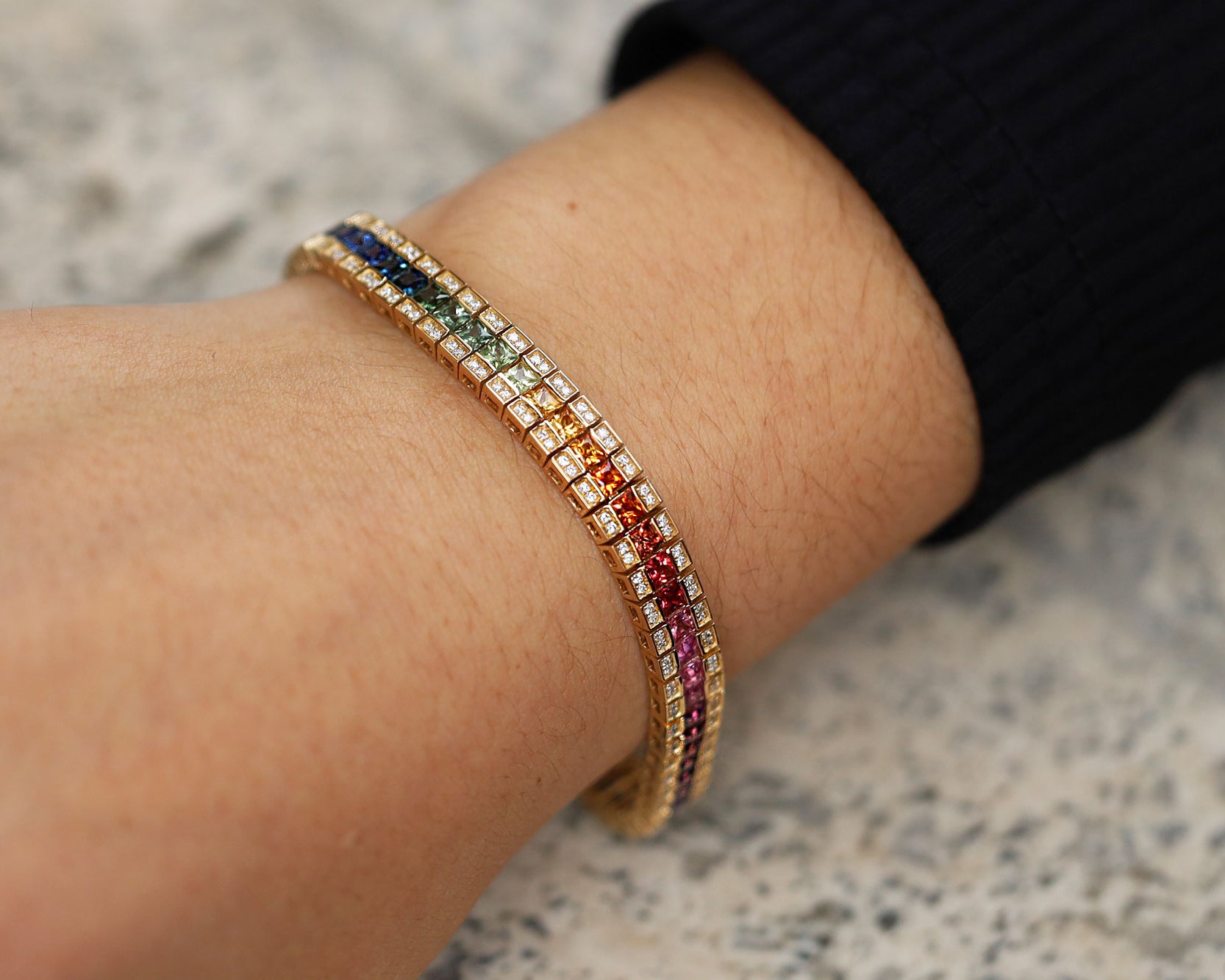 3 Row Rainbow Sapphire & Diamond Straight Line Tennis Bracelet