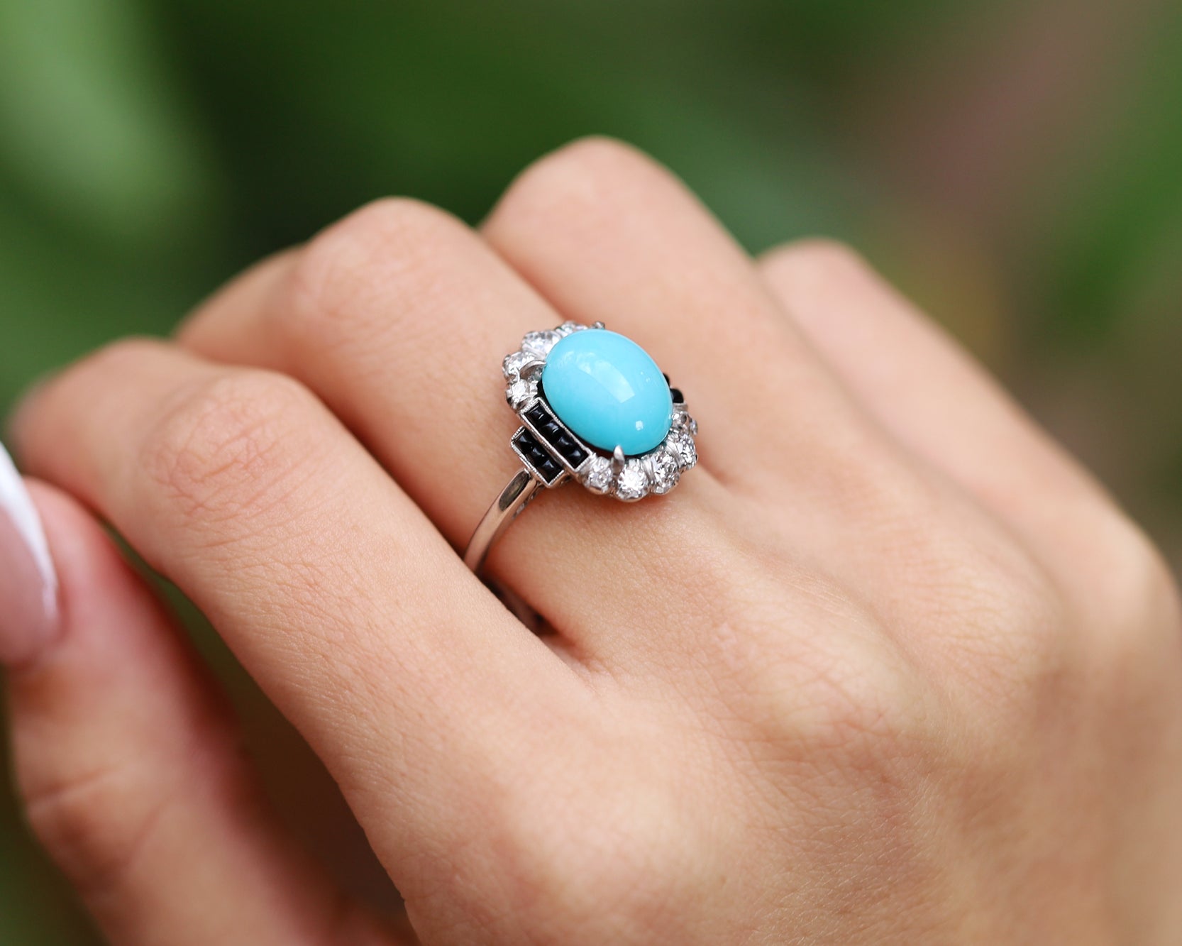 Art Deco Inspired Turquoise, Onyx and Diamond Cocktail Ring