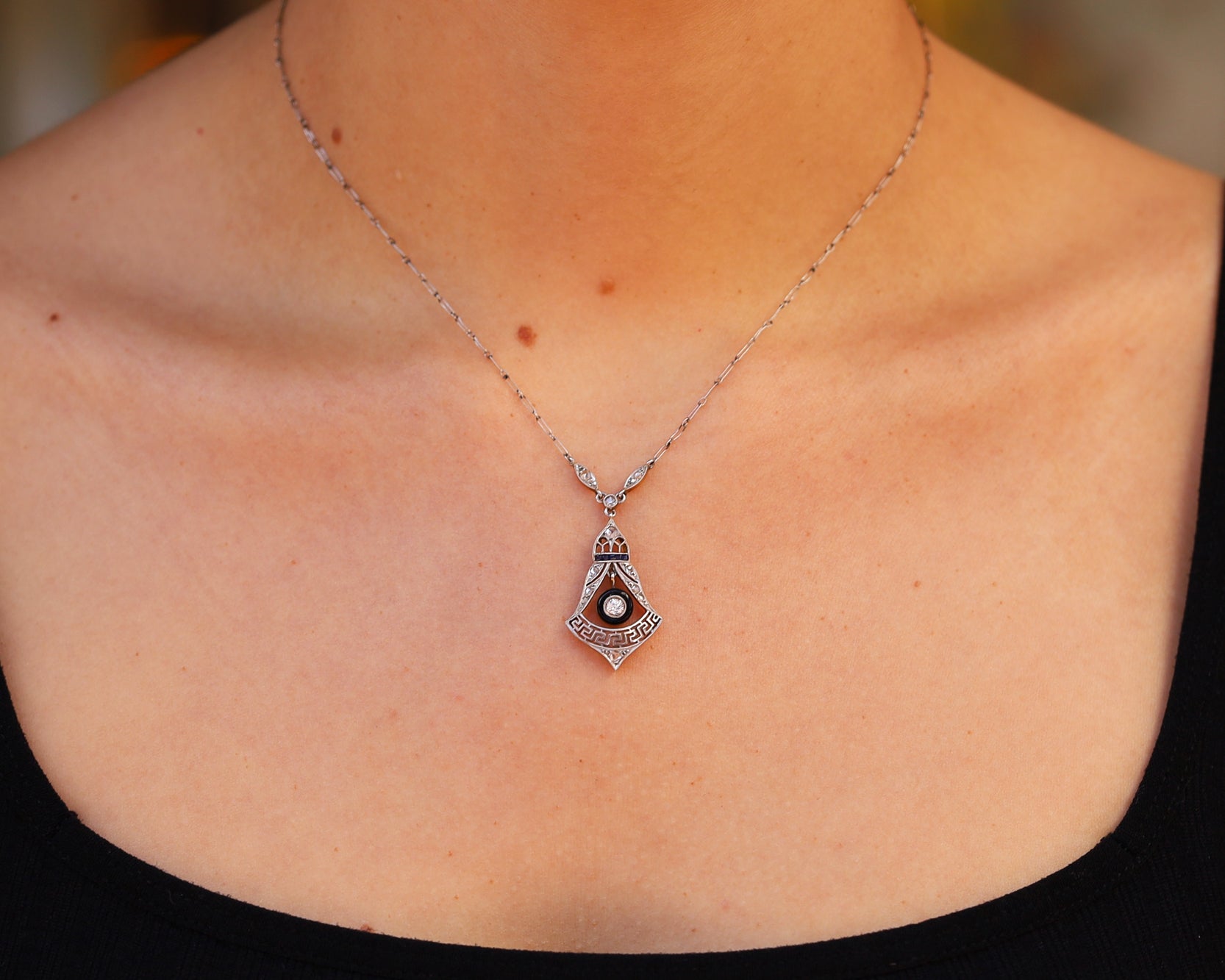 Edwardian Diamond and Onyx Lavaliere Pendant Necklace