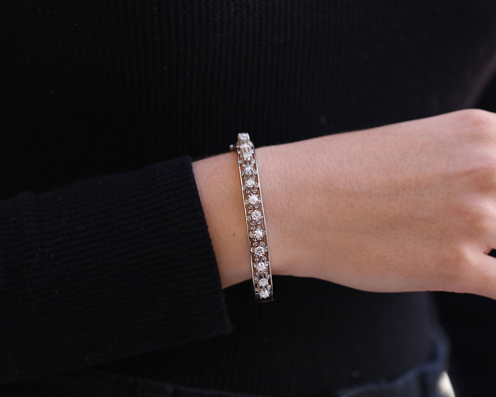 Antique Art Deco Diamond & Pearl Buttercup Bangle Bracelet