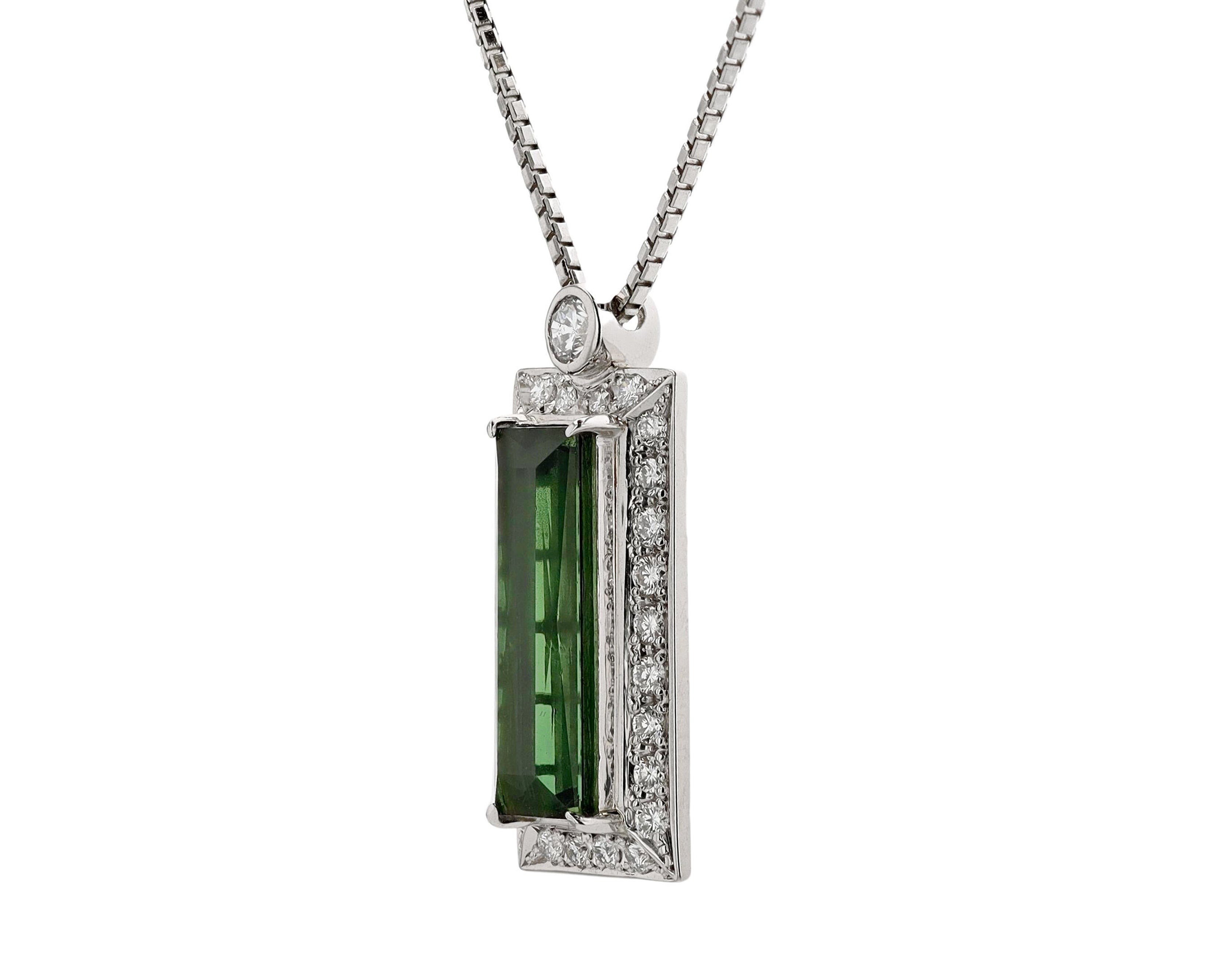 Modern 6 Carat Emerald Cut Green Tourmaline Diamond Pendant Necklace
