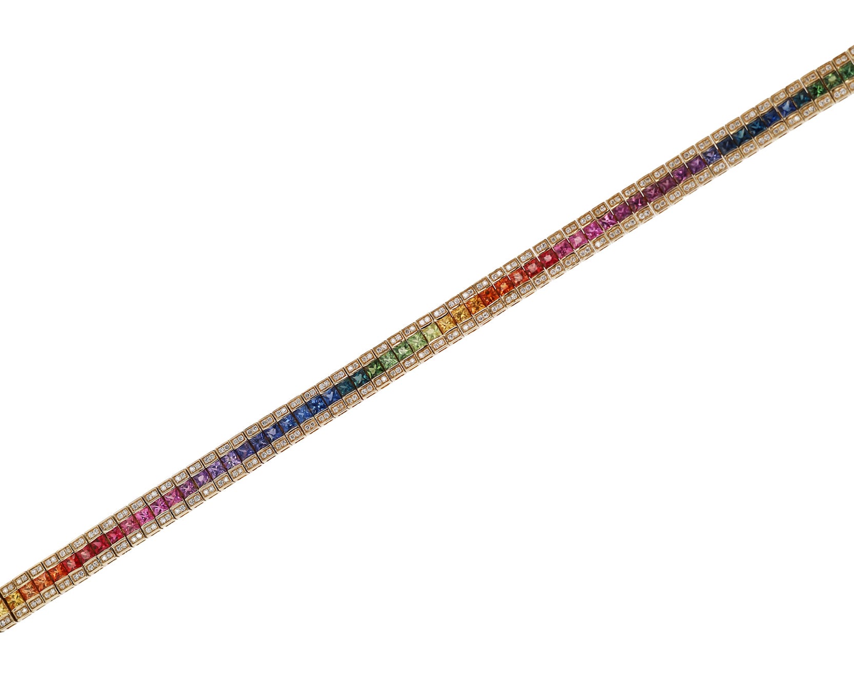 3 Row Rainbow Sapphire & Diamond Straight Line Tennis Bracelet
