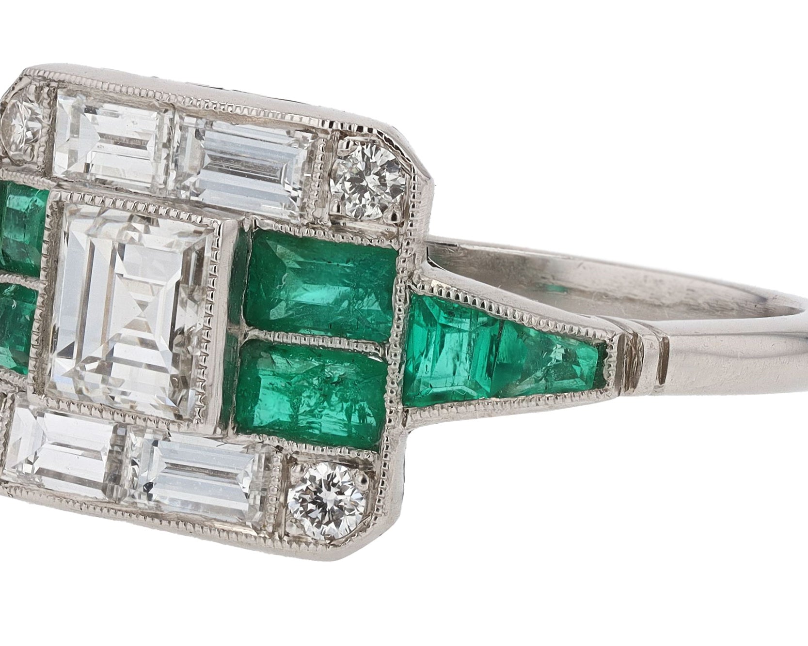 Art Deco Revival 0.53 Carat Carré Diamond & Emerald Platinum Ring