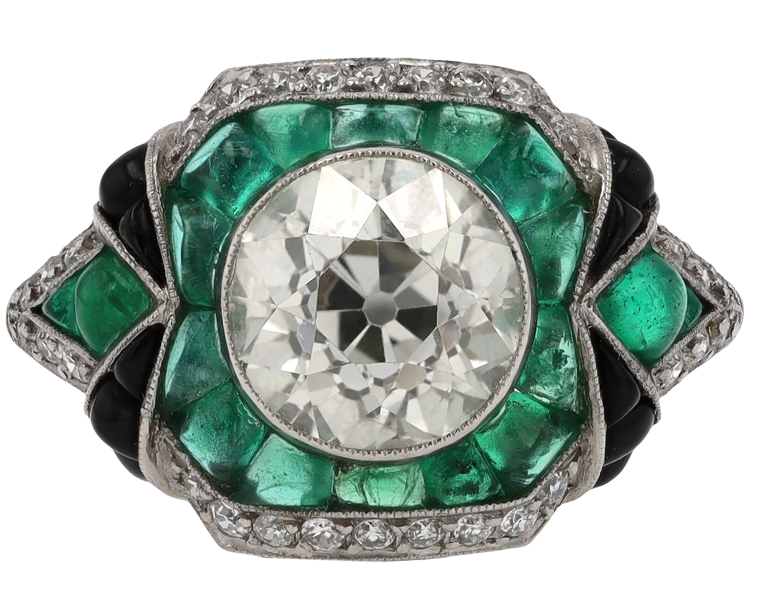 2 Carat Old European Cut Diamond Emerald Onyx Engagement Ring