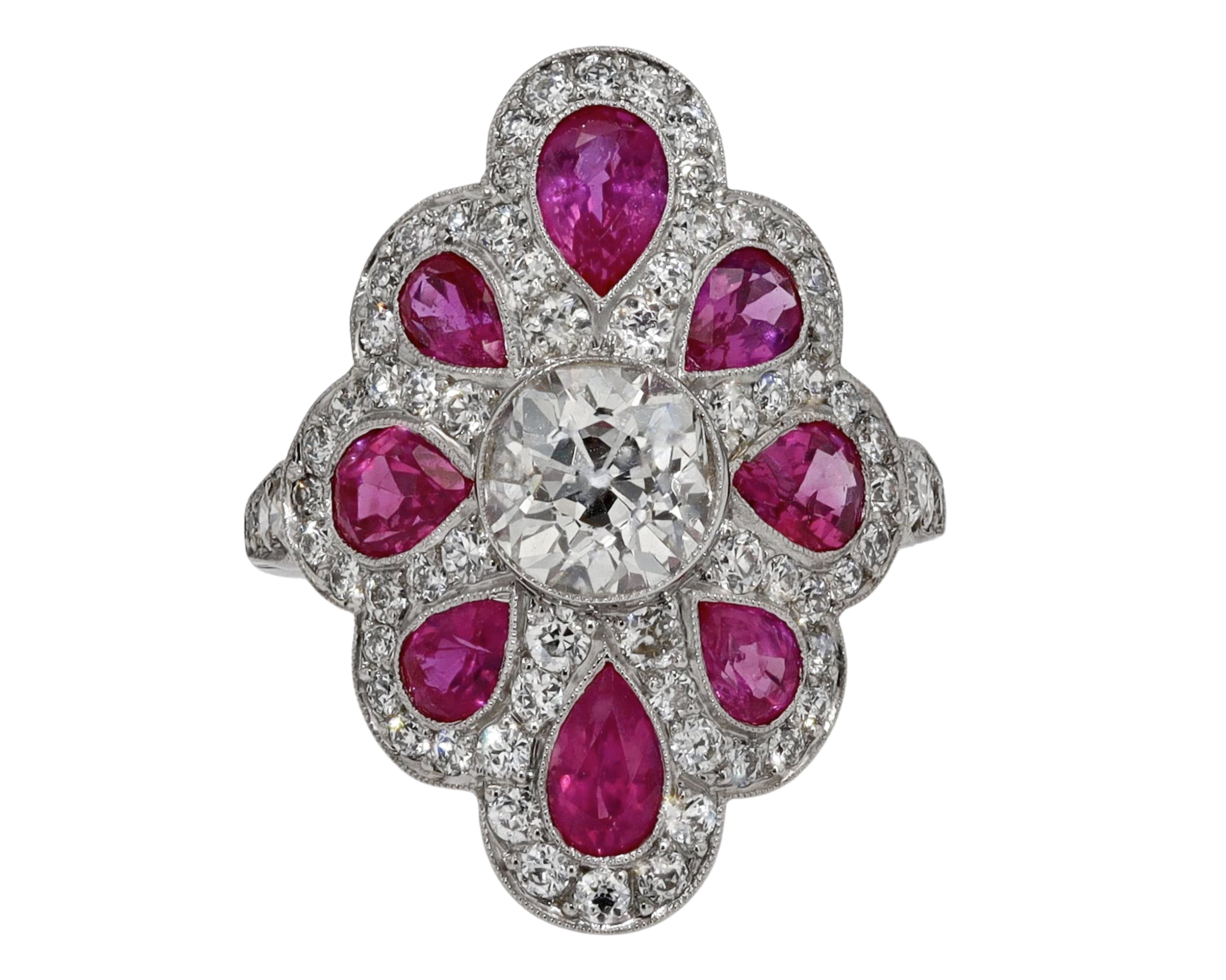 Art Deco Style 1.47 Carat Old Mine Cut Diamond Pink Sapphire Cocktail Ring