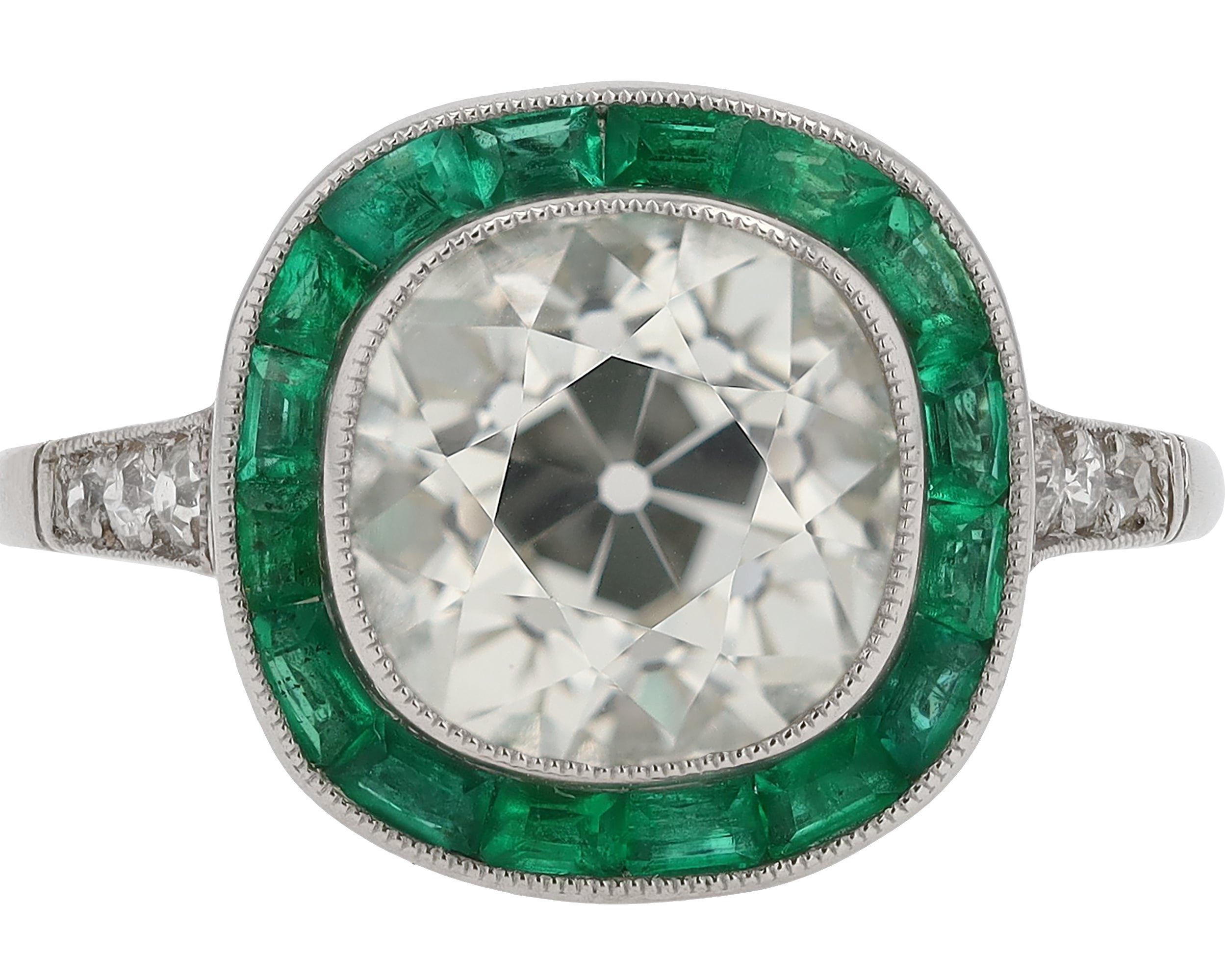 3 Carat Old Mine Cut Diamond & Emerald Engagement Ring