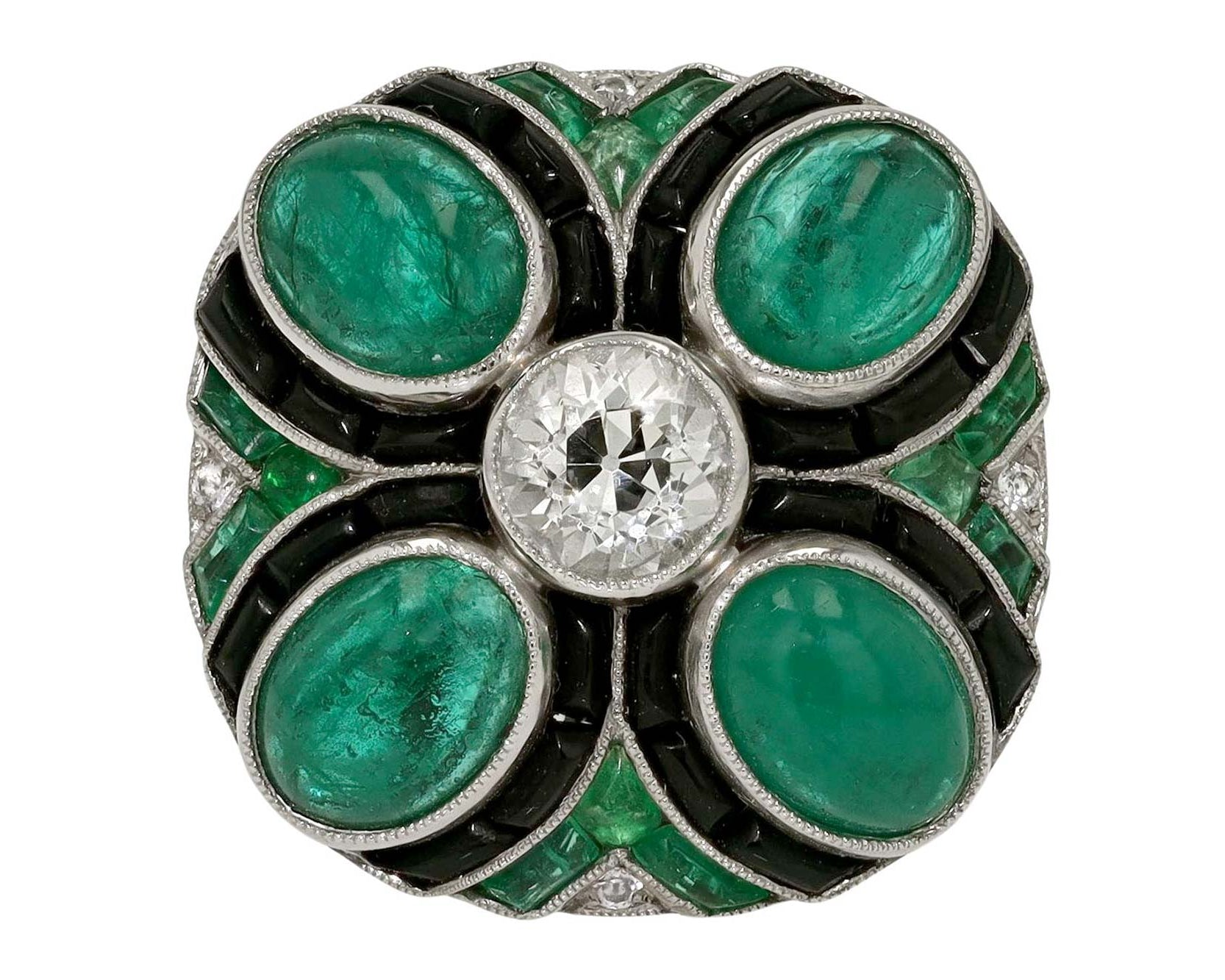Jazz Age Quatrefoil Emerald Diamond Cocktail Ring