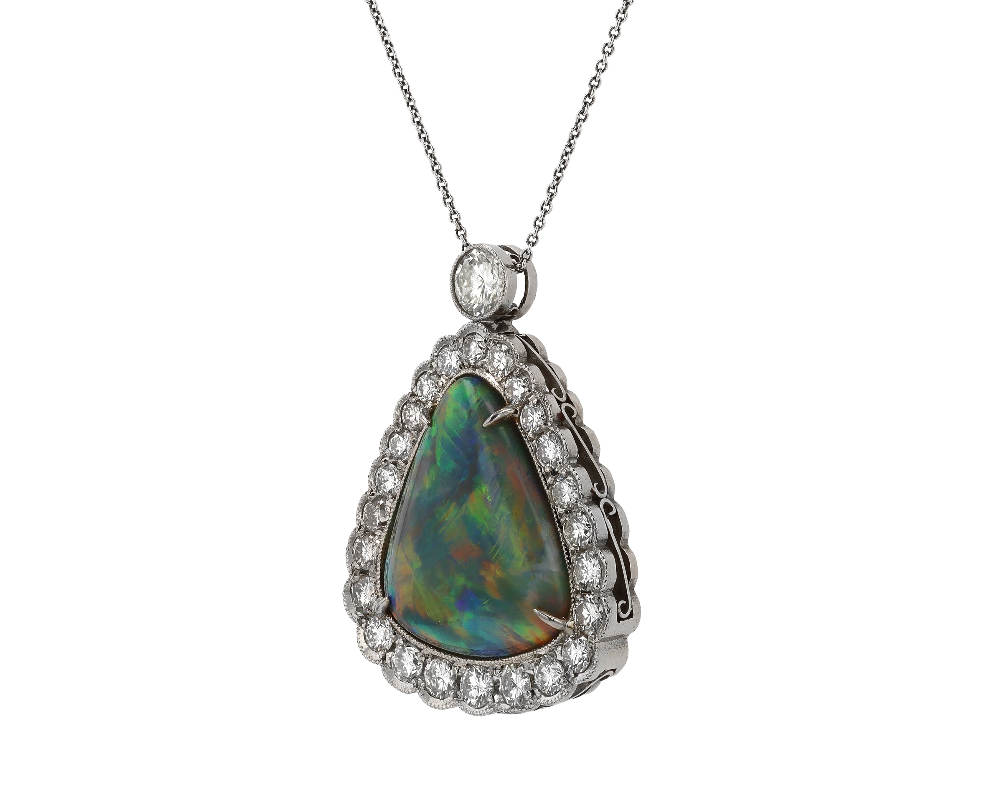 Important Lightning Ridge 15 Carat Black Opal Diamond Vintage Necklace