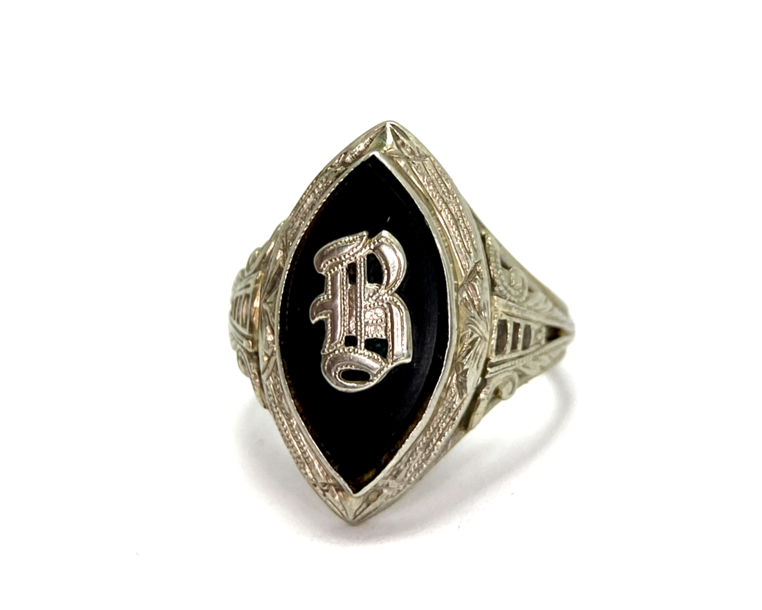 18k White Gold Edwardian Filigree & Onyx Letter B Initial Ring