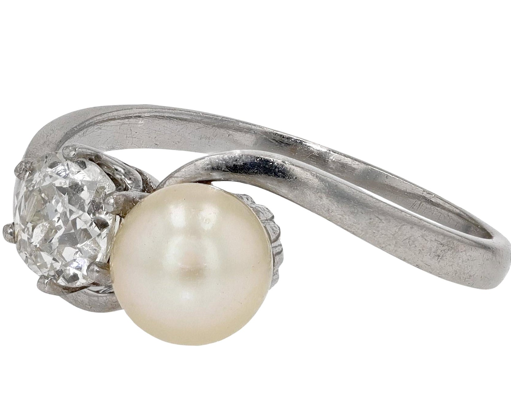 2 Stone Pearl Diamond Art Deco Engagement Ring