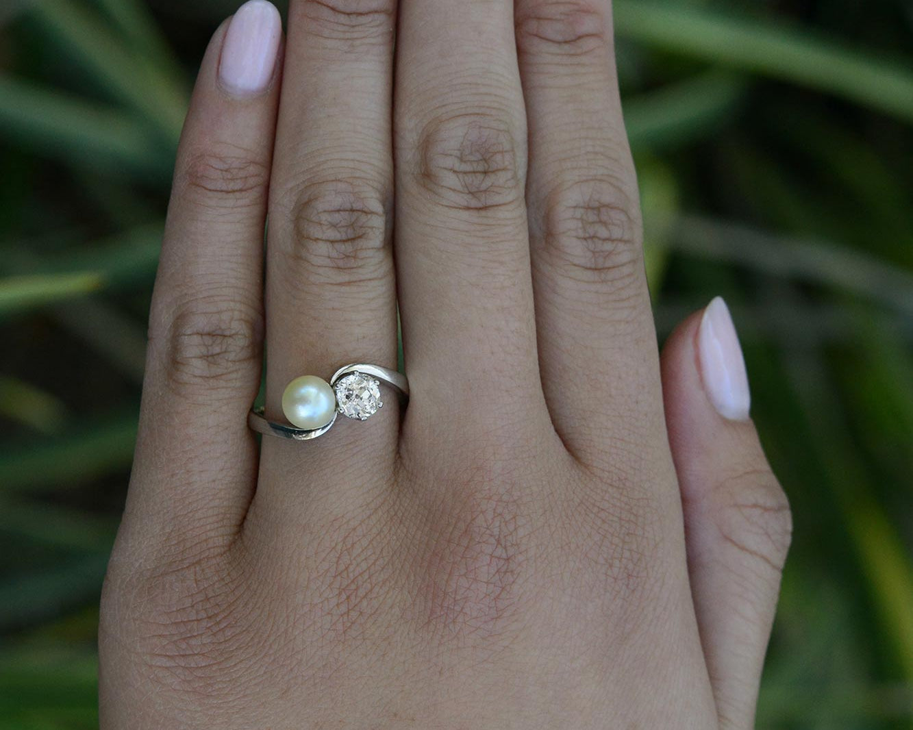 2 Stone Pearl Diamond Art Deco Engagement Ring