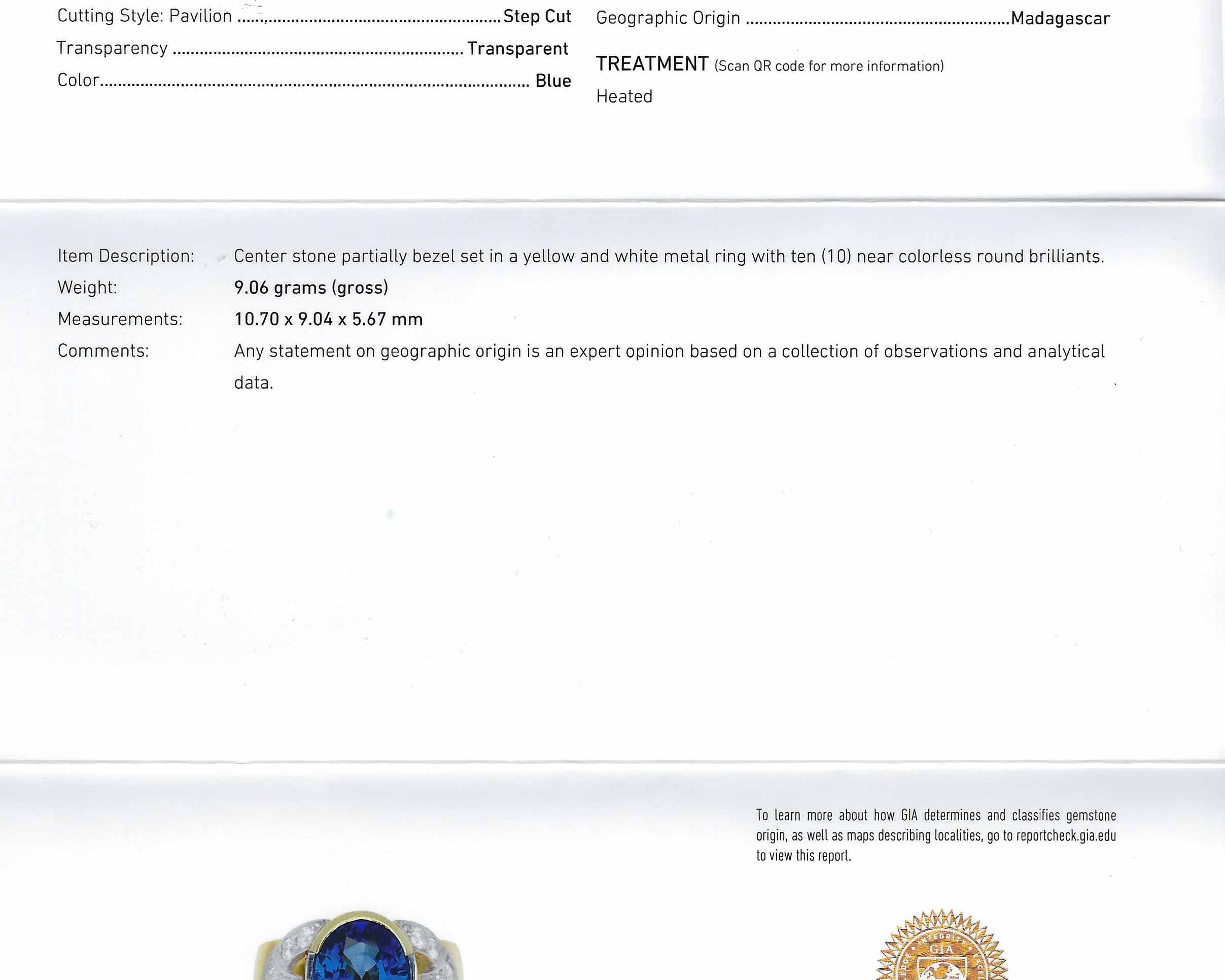 A GIA sapphire origin report is included with the ring.
