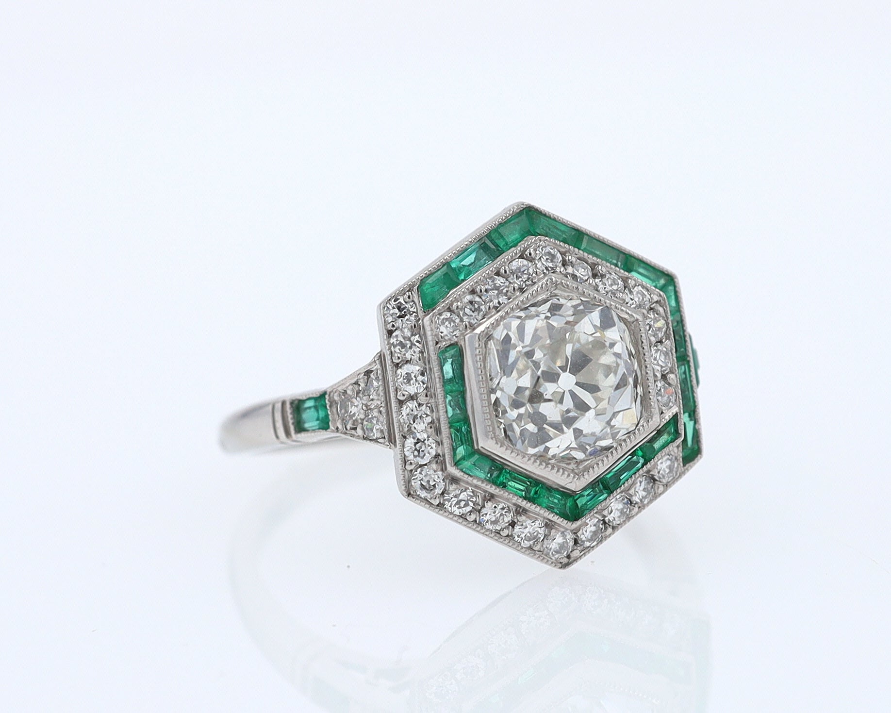 Art Deco Style 1.59 Carat Old Mine Diamond Emerald Engagement Ring
