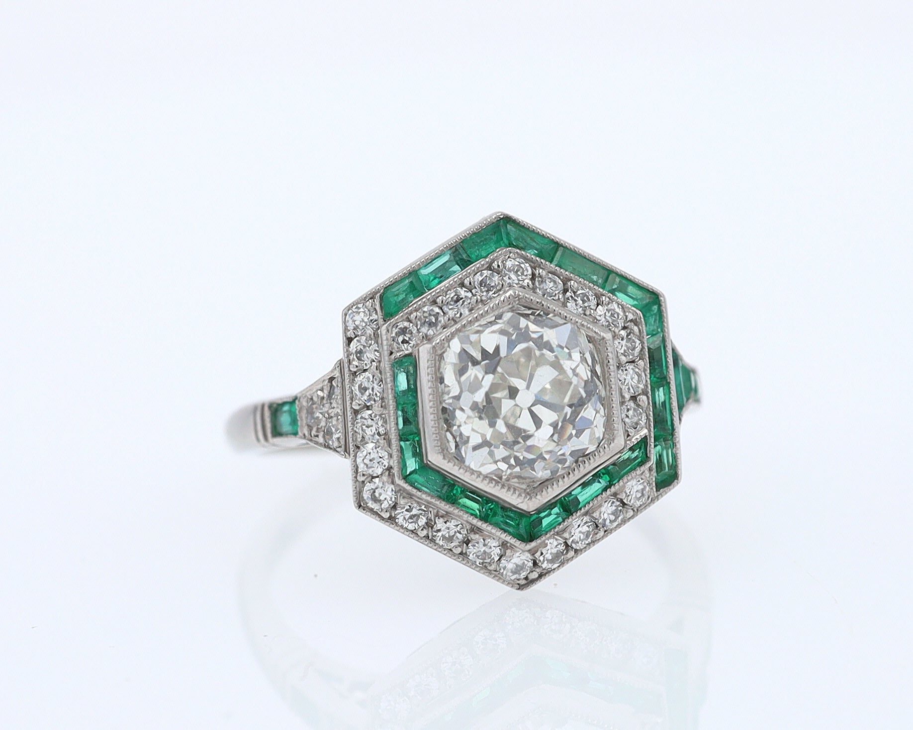 Art Deco Style 1.59 Carat Old Mine Diamond Emerald Engagement Ring