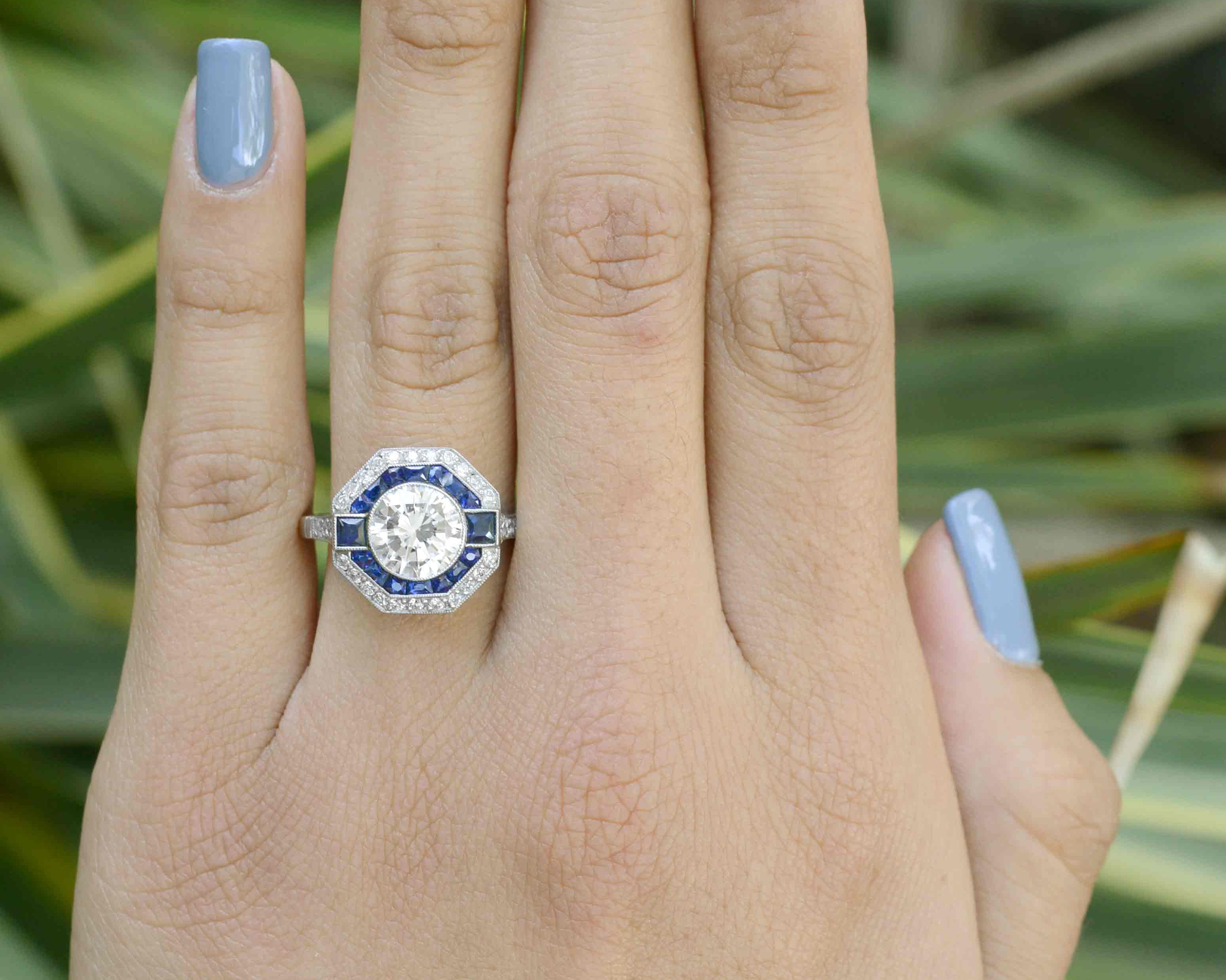 A platinum sapphire and diamond octagon, Art Deco style wedding ring.