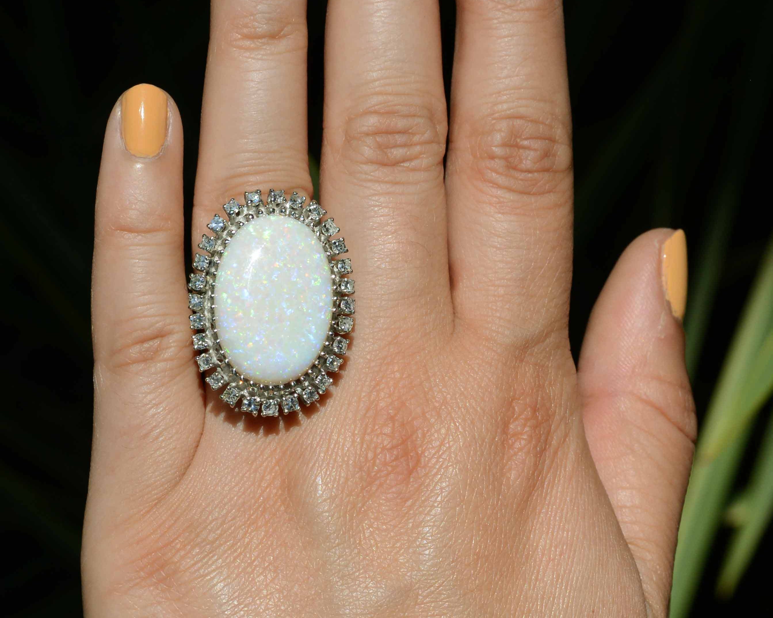 Huge Vintage Opal Diamond White Gold Cocktail Ring