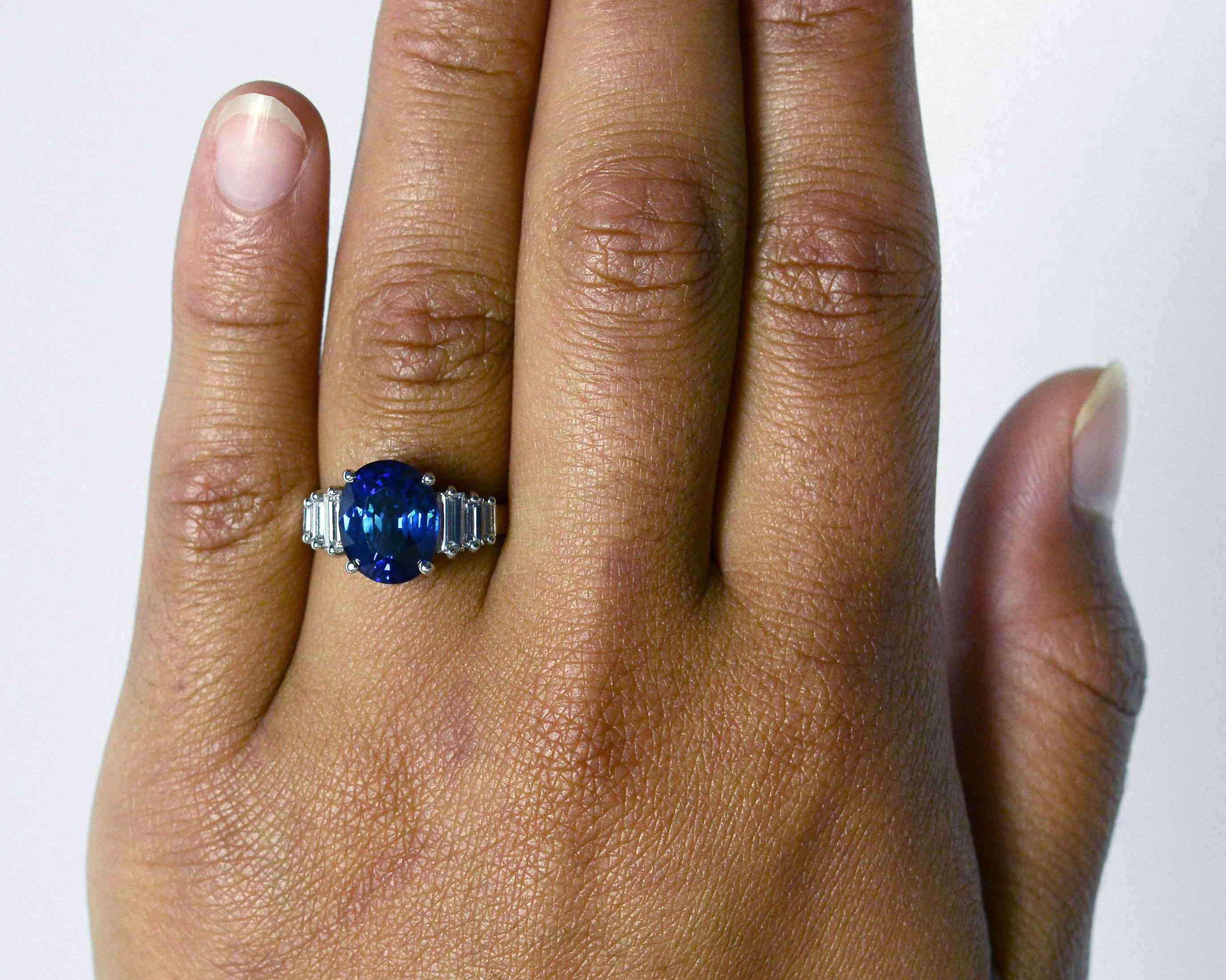 This size 7 Art Deco revival wedding ring has a 4 carat blue sapphire.