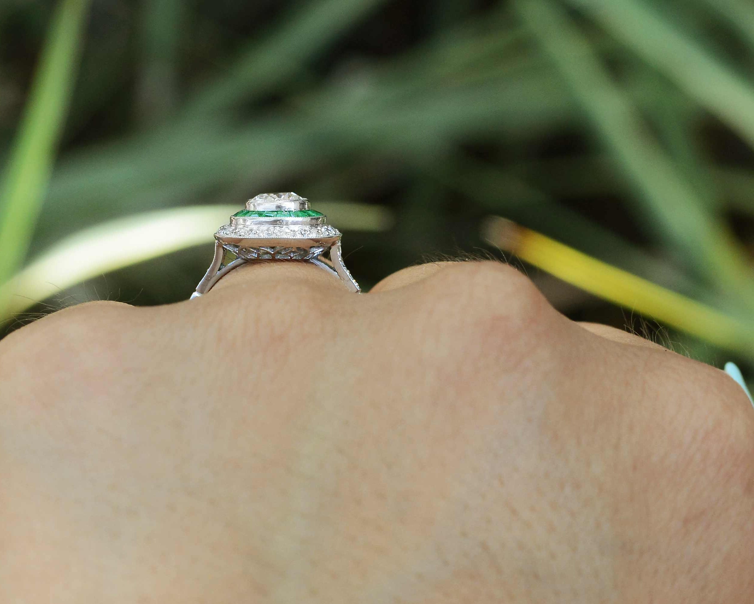 2.25 Carat Old Mine Cushion Diamond & Emerald Engagement Ring