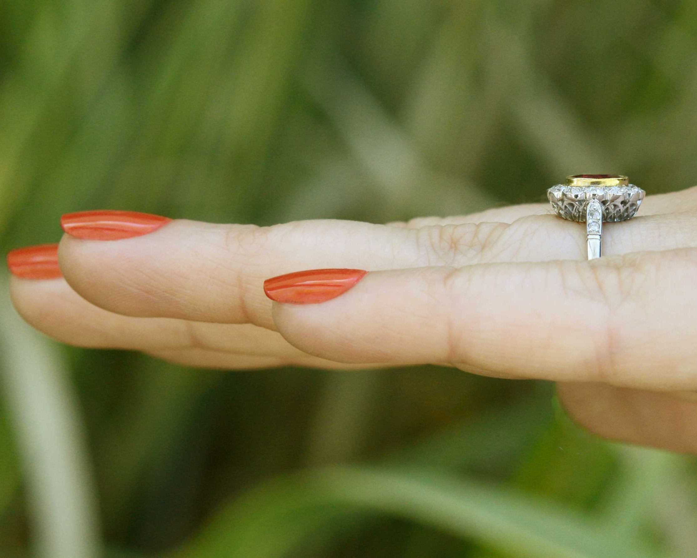 Platinum Antique Ruby Diamond Halo Engagement Ring