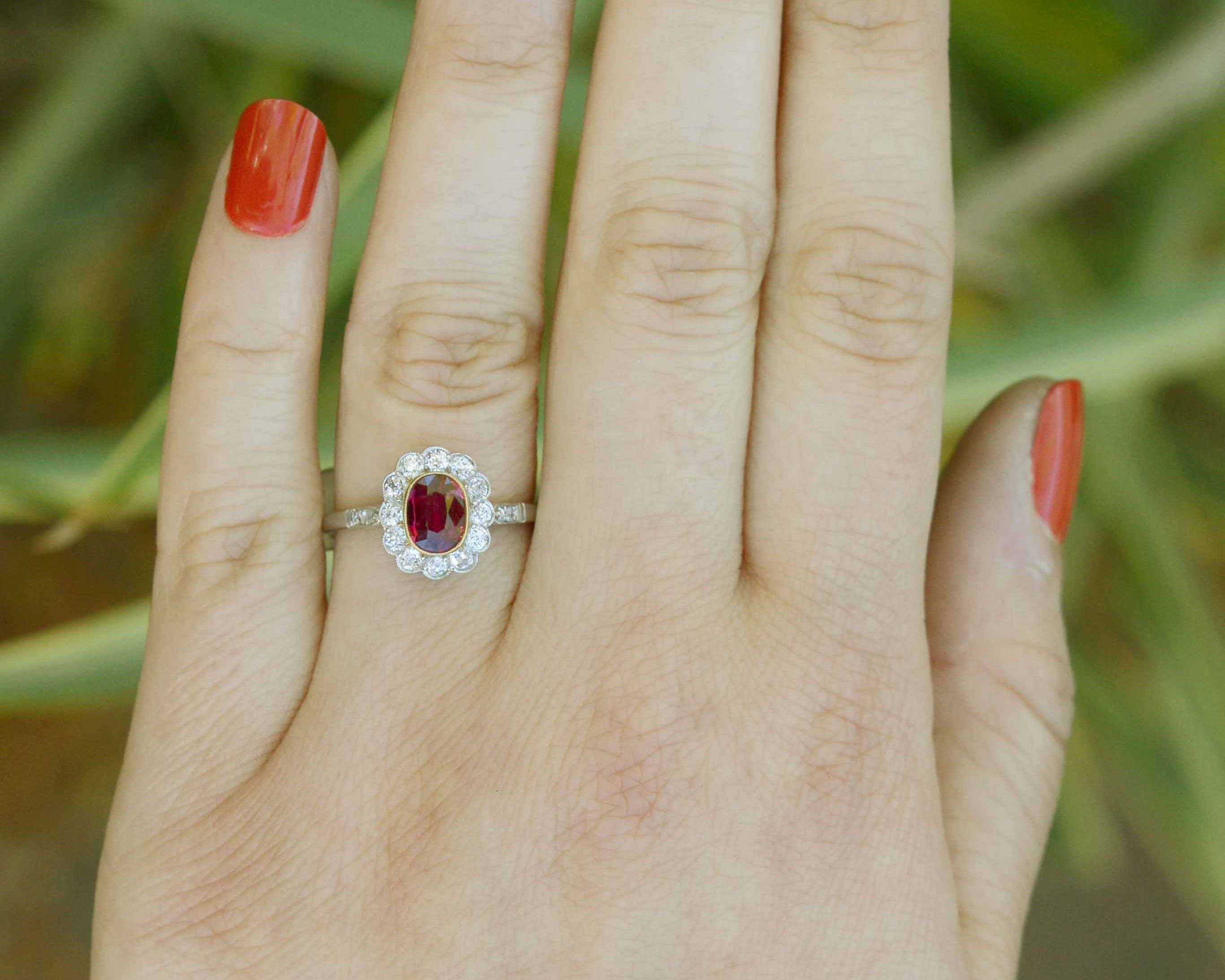 Platinum Antique Ruby Diamond Halo Engagement Ring