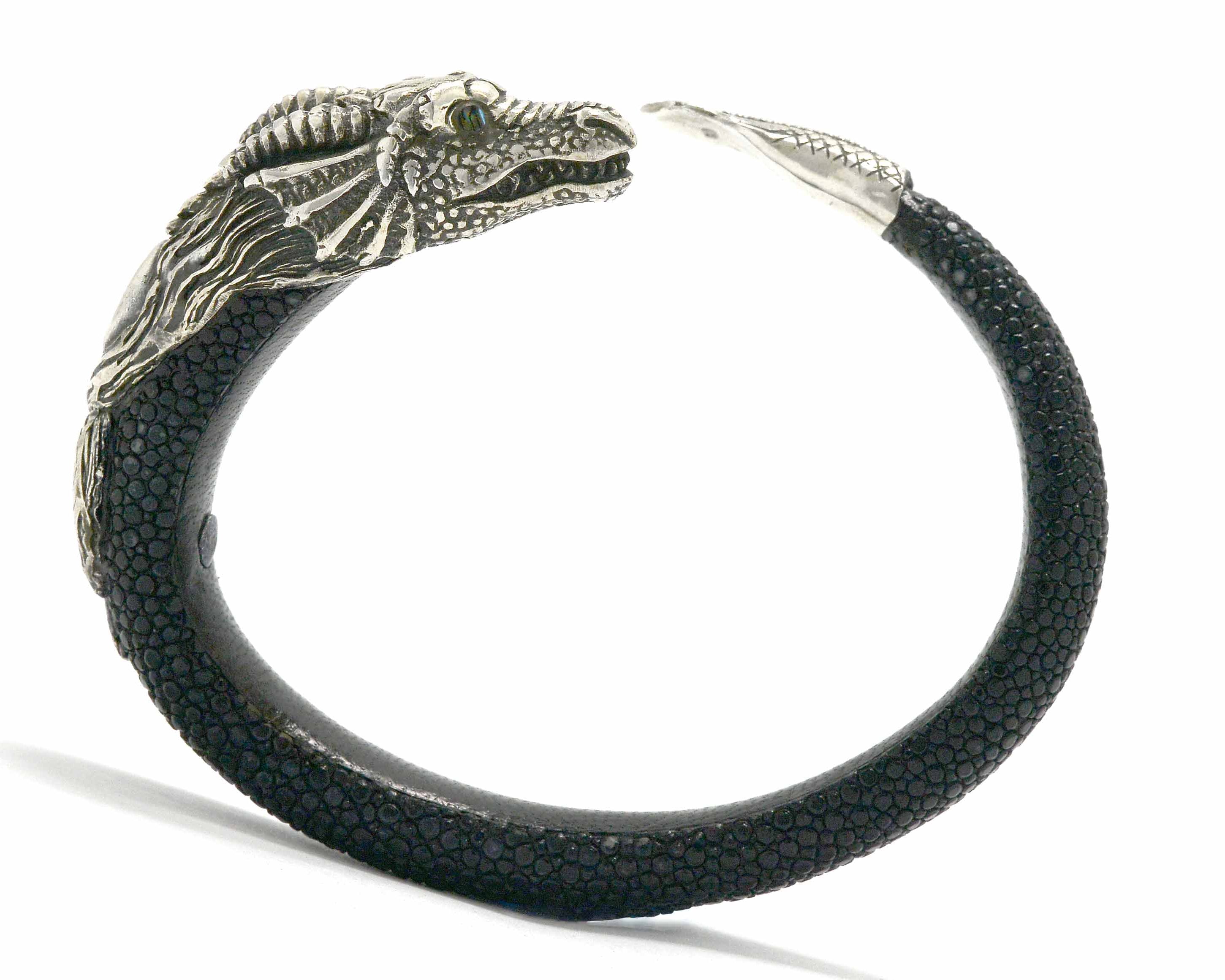 A medieval revival, sterling silver and leather dragon bracelet.