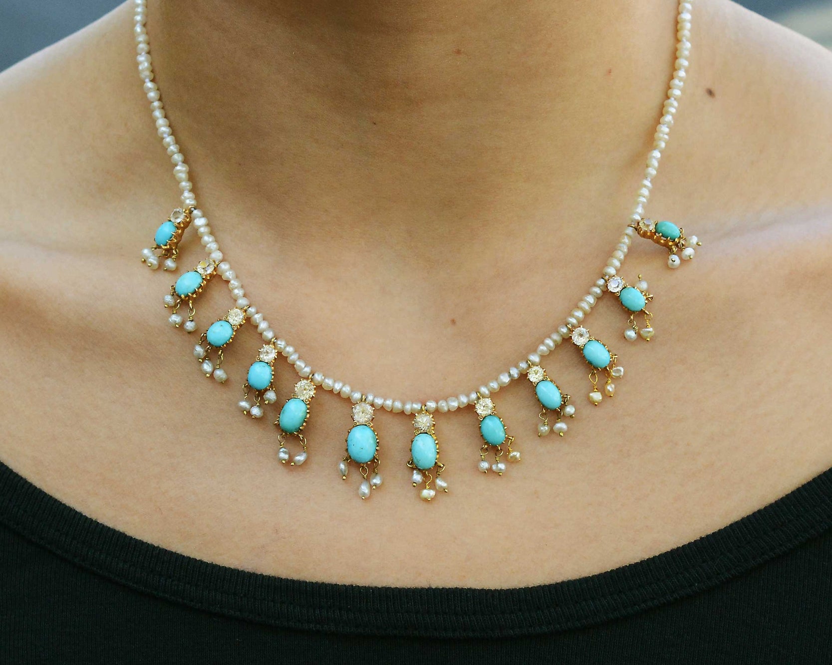 French Belle Époque Turquoise and Seed Pearl Fringe Necklace