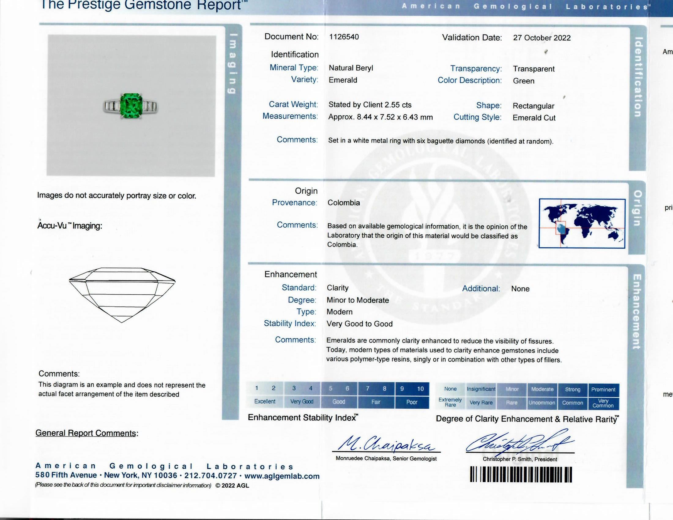 AGL Certified 2.55 Carat Colombian Emerald Diamond Ring